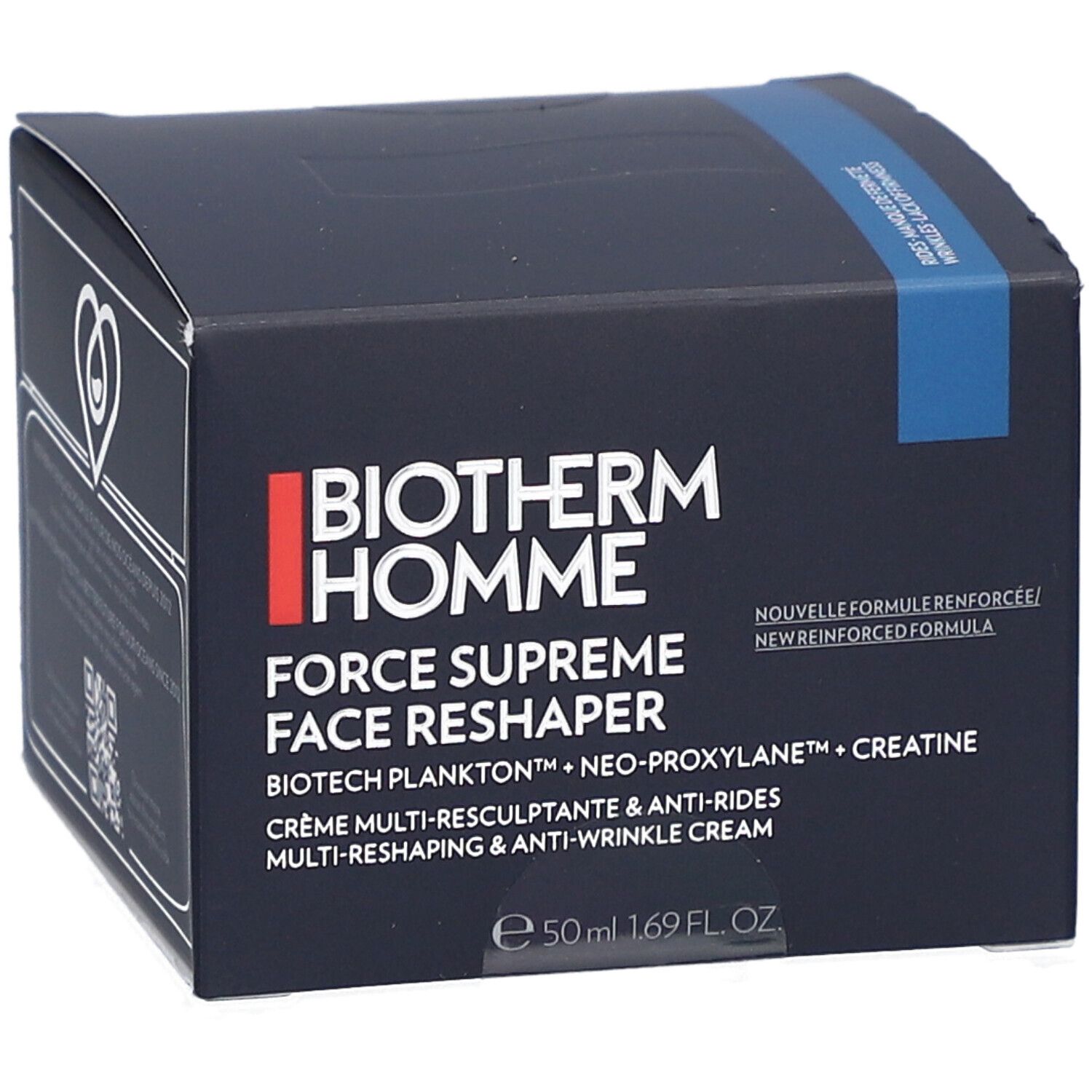 Boîte bleu foncé avec nom et détails du produit. Inscription: Biotherm Homme Force Supreme Face Reshaper. 50 ml.