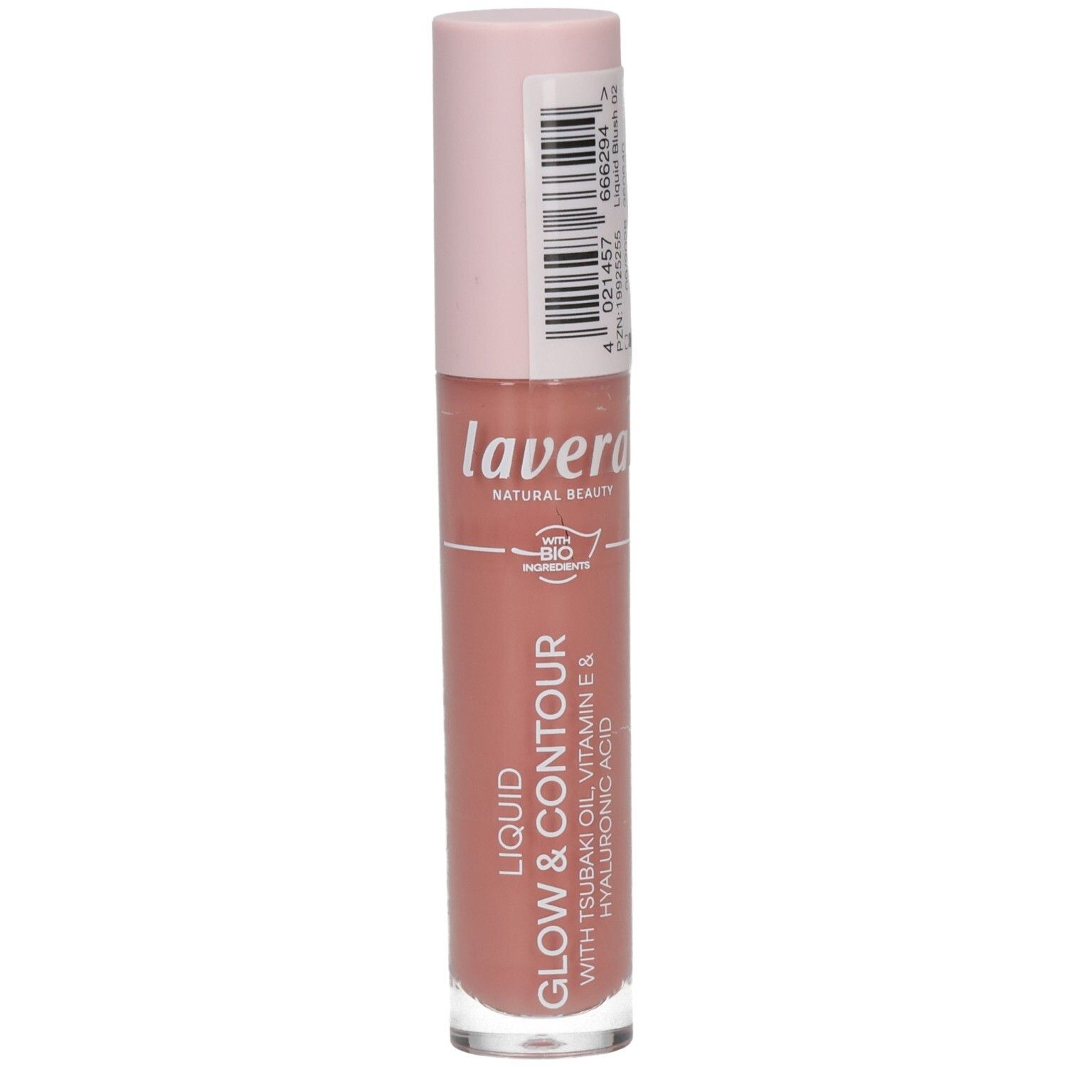 Lavera Liquid Glow & Contour Liquid Blush 02 rose. Flacon transparent avec capuchon rose. Contient de l'huile de Tsubaki, de la vitamine E et de l'acide hyaluronique.