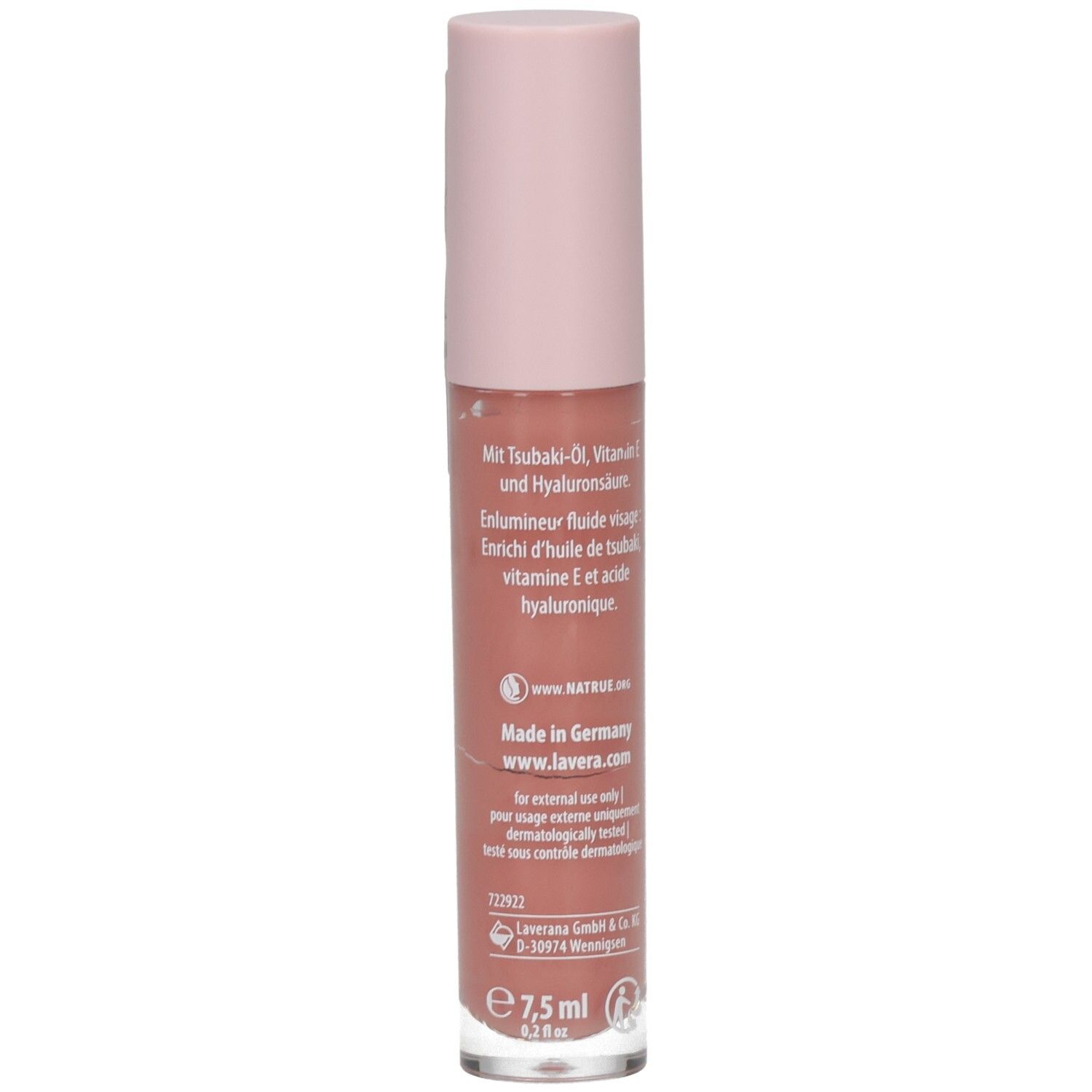Lavera Liquid Glow & Contour Liquid Blush 02. Arrière avec informations produit, Made in Germany, 7,5 ml.