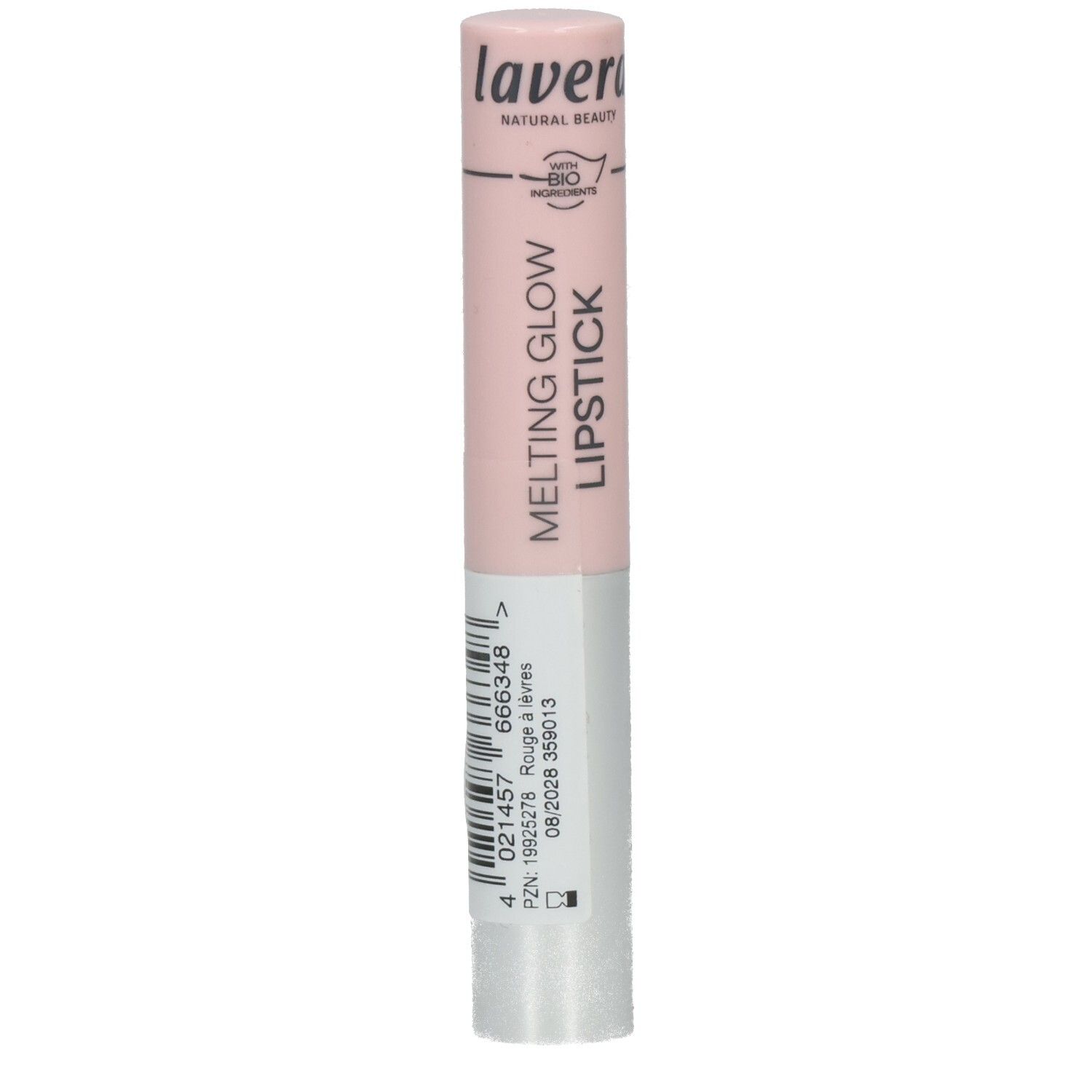 Lippenstift mit rosa Hülse. Aufschrift: Melting Glow Lipstick. Marke Lavera. Inhaltsstoffe-Logo. Barcode und Produktinformationen.