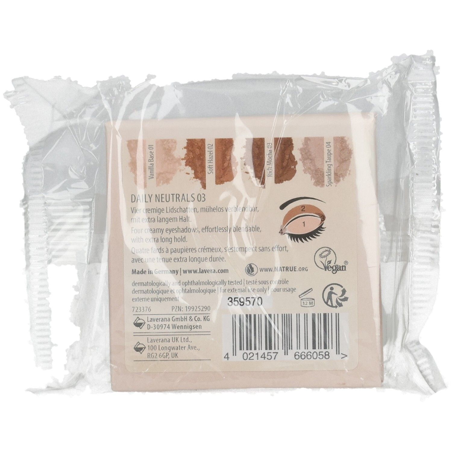 Palette de fards à paupières sous film. Teintes beiges, nom du produit et ingrédients. Logo vegan.