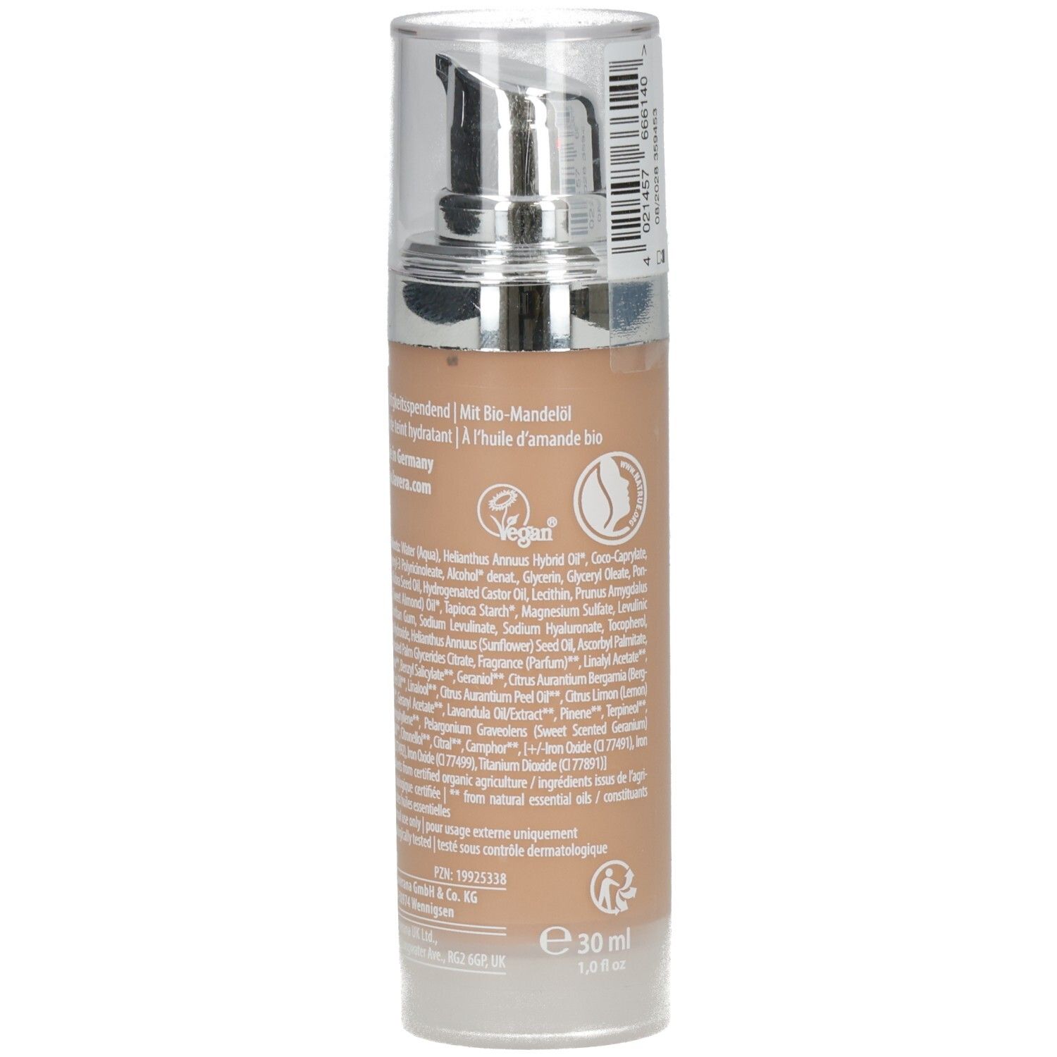 Arrière de la bouteille Lavera Hyaluron Liquid Foundation avec ingrédients et indication 30ml.