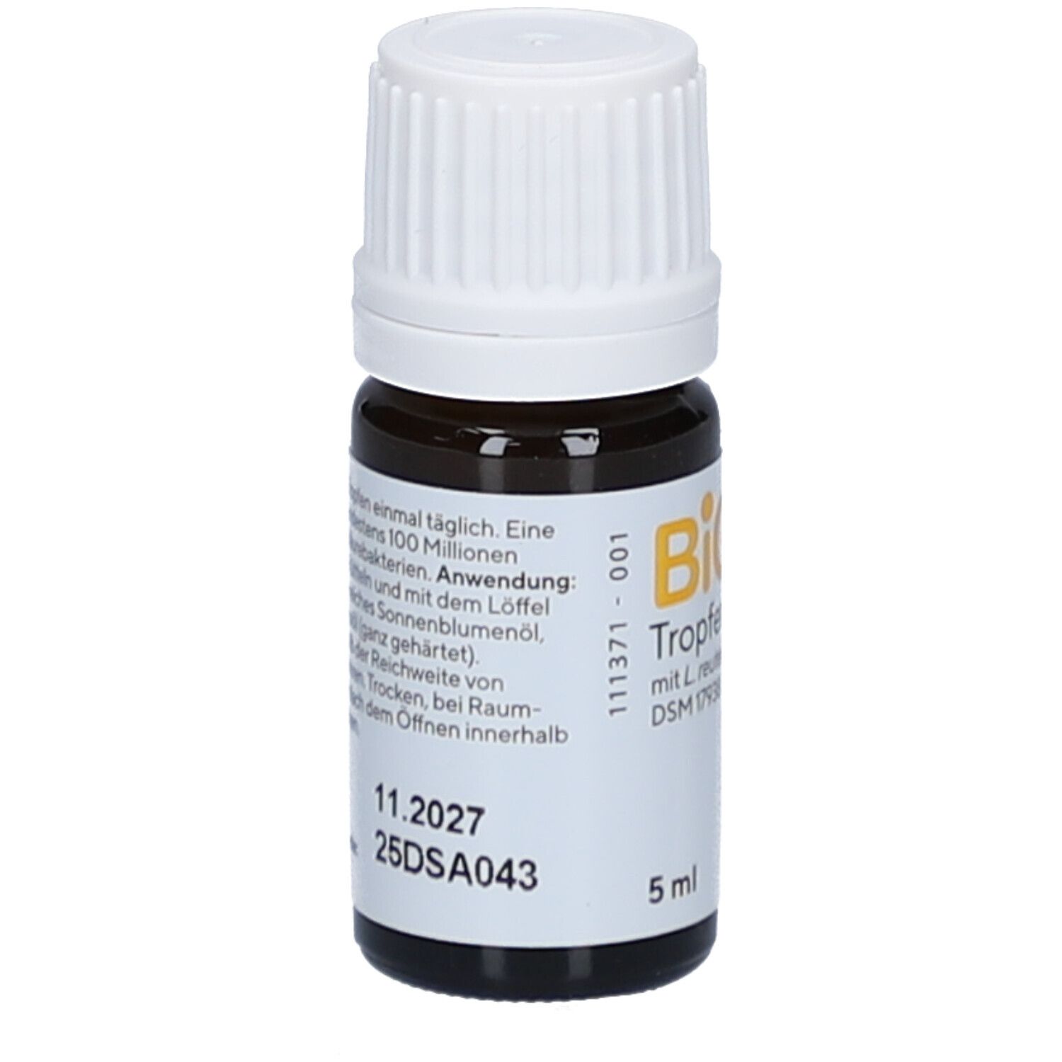 Flacon brun avec bouchon blanc. Étiquette BiGaia Tropfen, texte et 5 ml. Date: 11.2027.