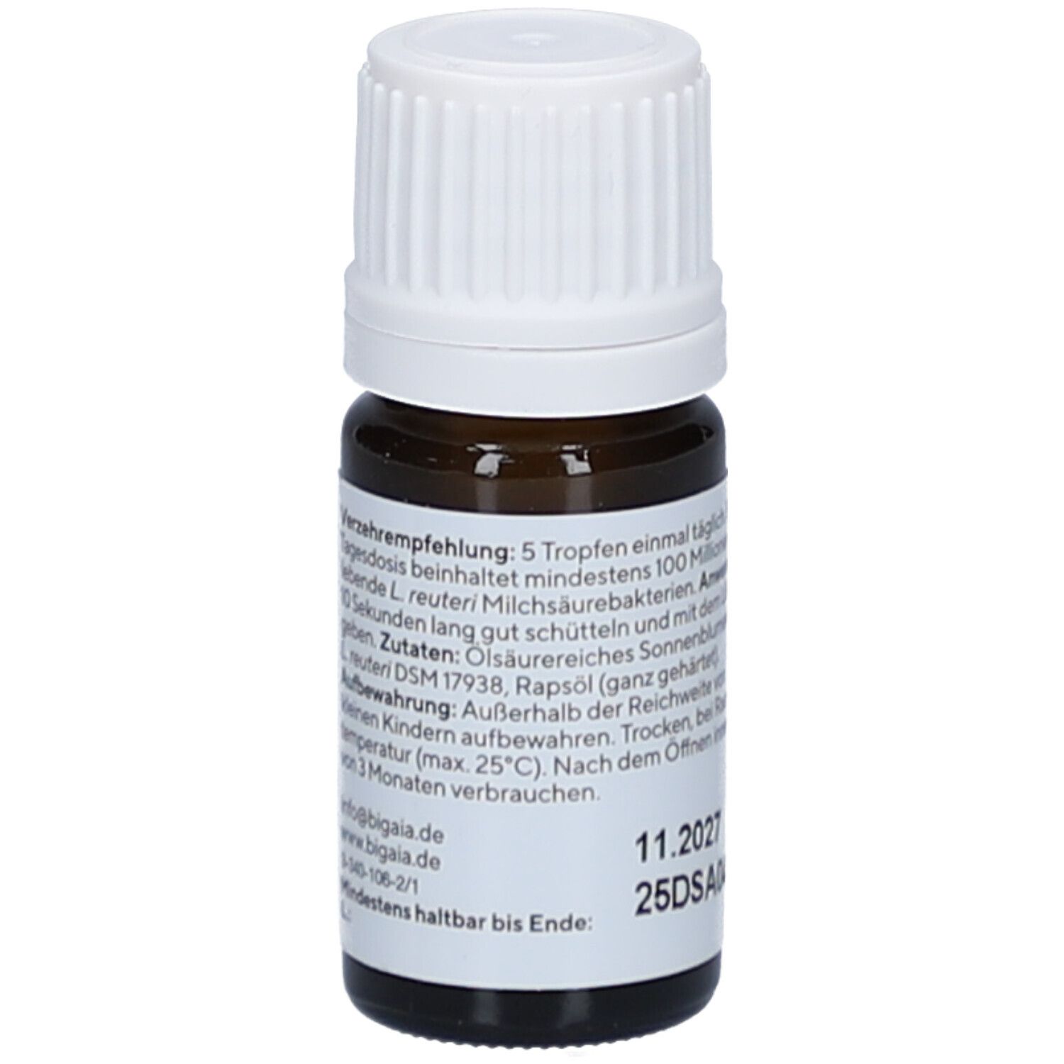 Flacon brun avec bouchon blanc. Étiquette avec texte, BiGaia Tropfen et 5 ml. Date: 11.2027.