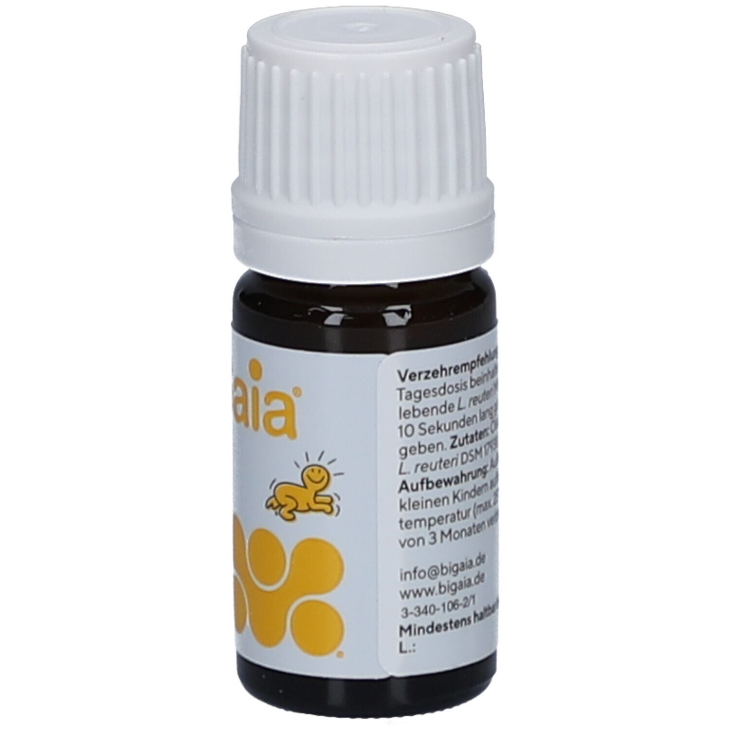 Flacon brun avec bouchon blanc. Étiquette BiGaia Tropfen, logo jaune et 5 ml.