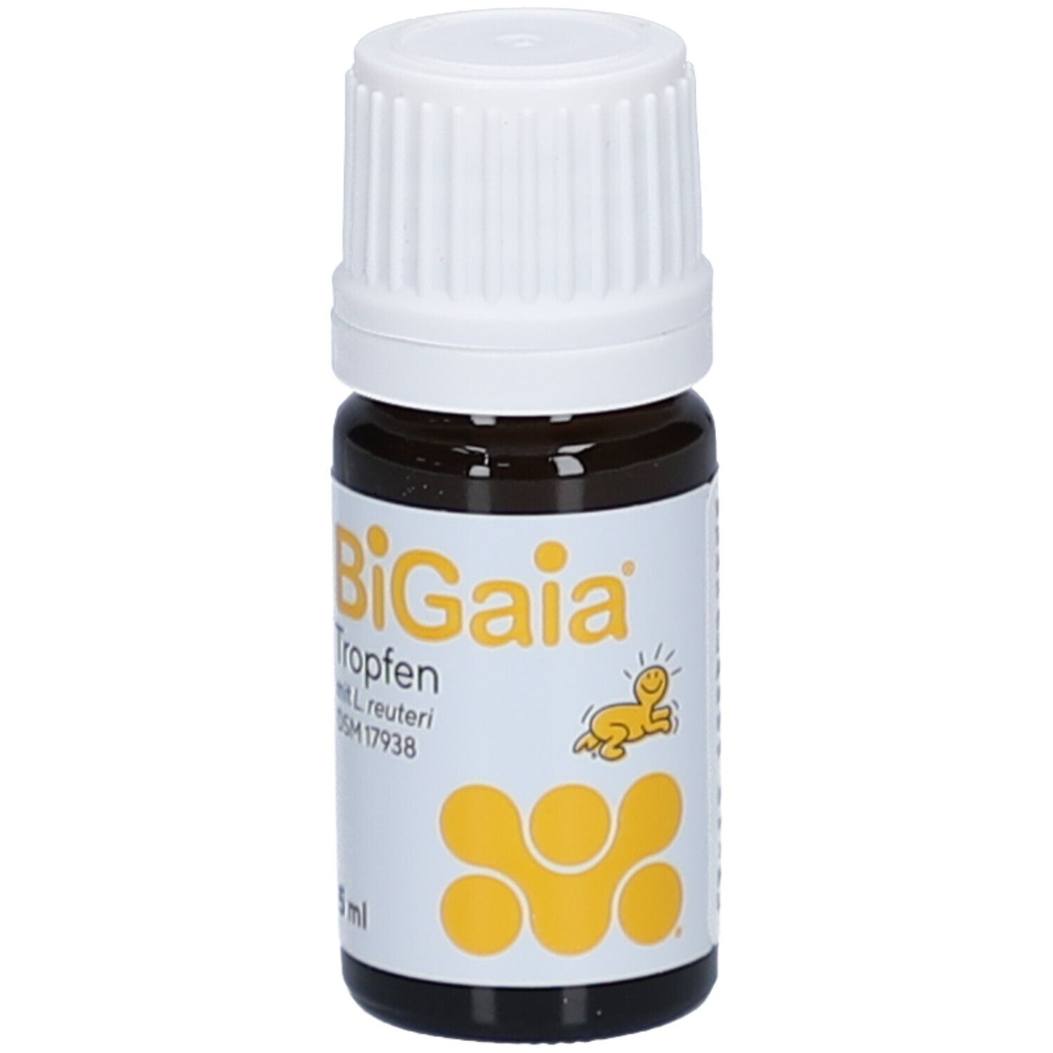 Flacon brun avec bouchon blanc. Étiquette BiGaia Tropfen, logo jaune et 5 ml.