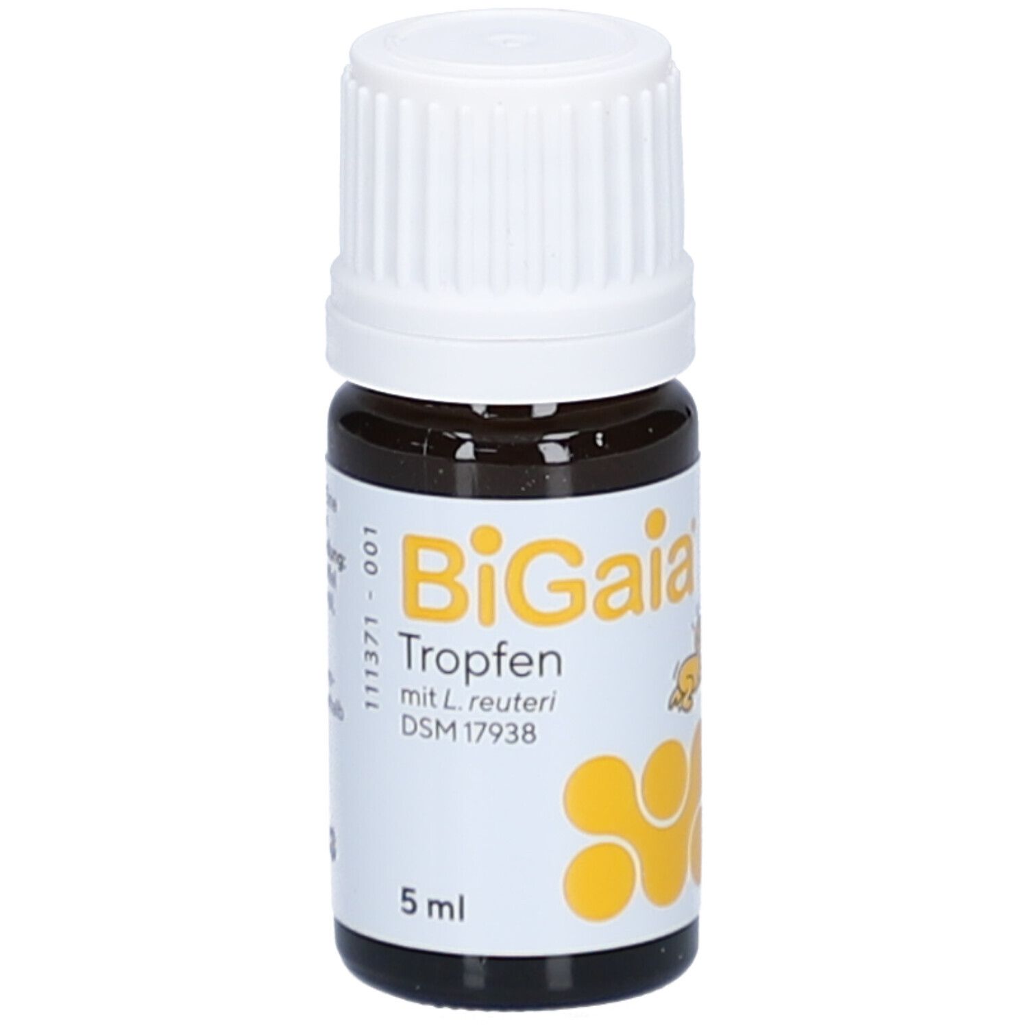 Flacon brun avec bouchon blanc. Étiquette BiGaia Tropfen, logo jaune et 5 ml.