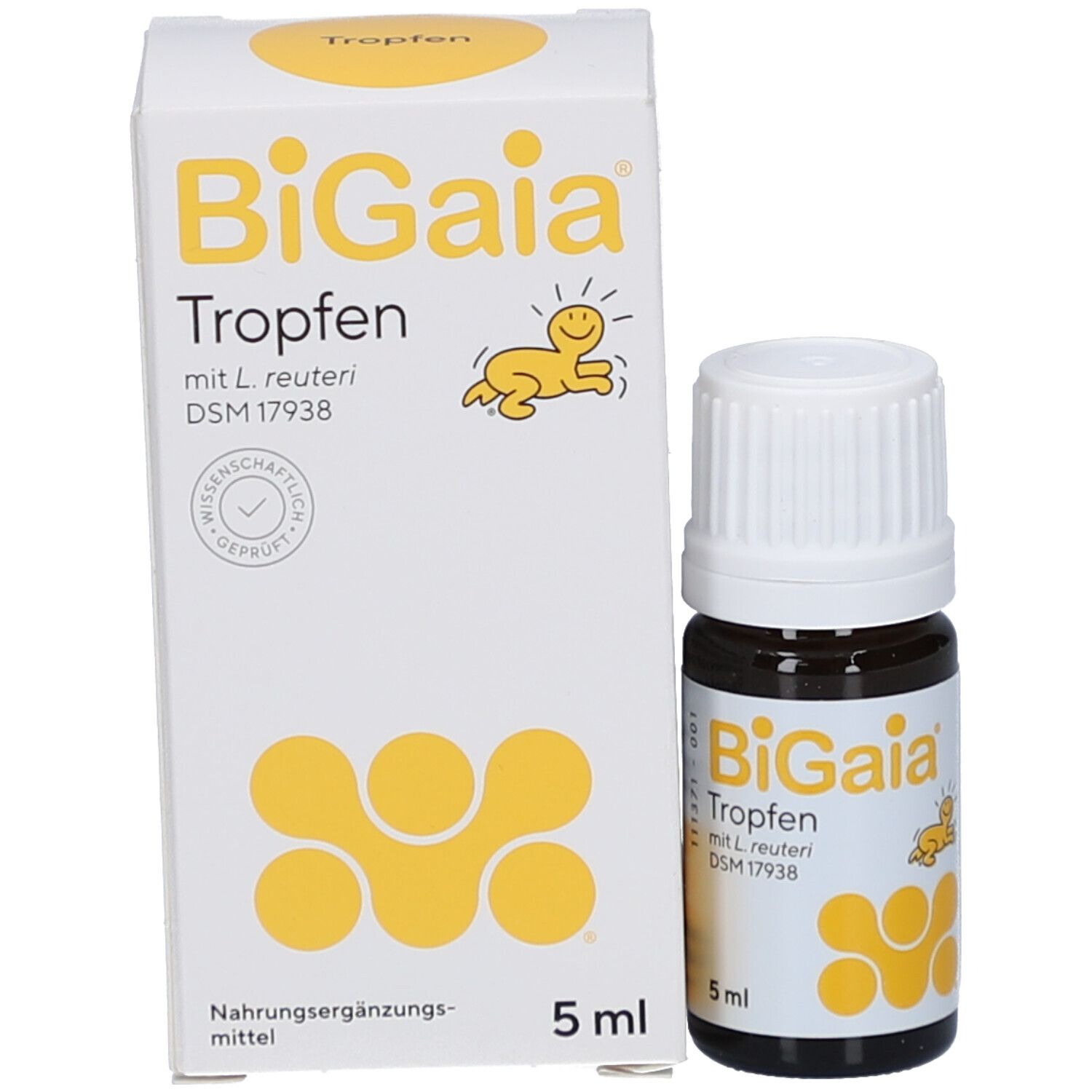 Flacon brun et boîte. Boîte BiGaia Tropfen, logo, 5 ml et sceau. Flacon à côté.