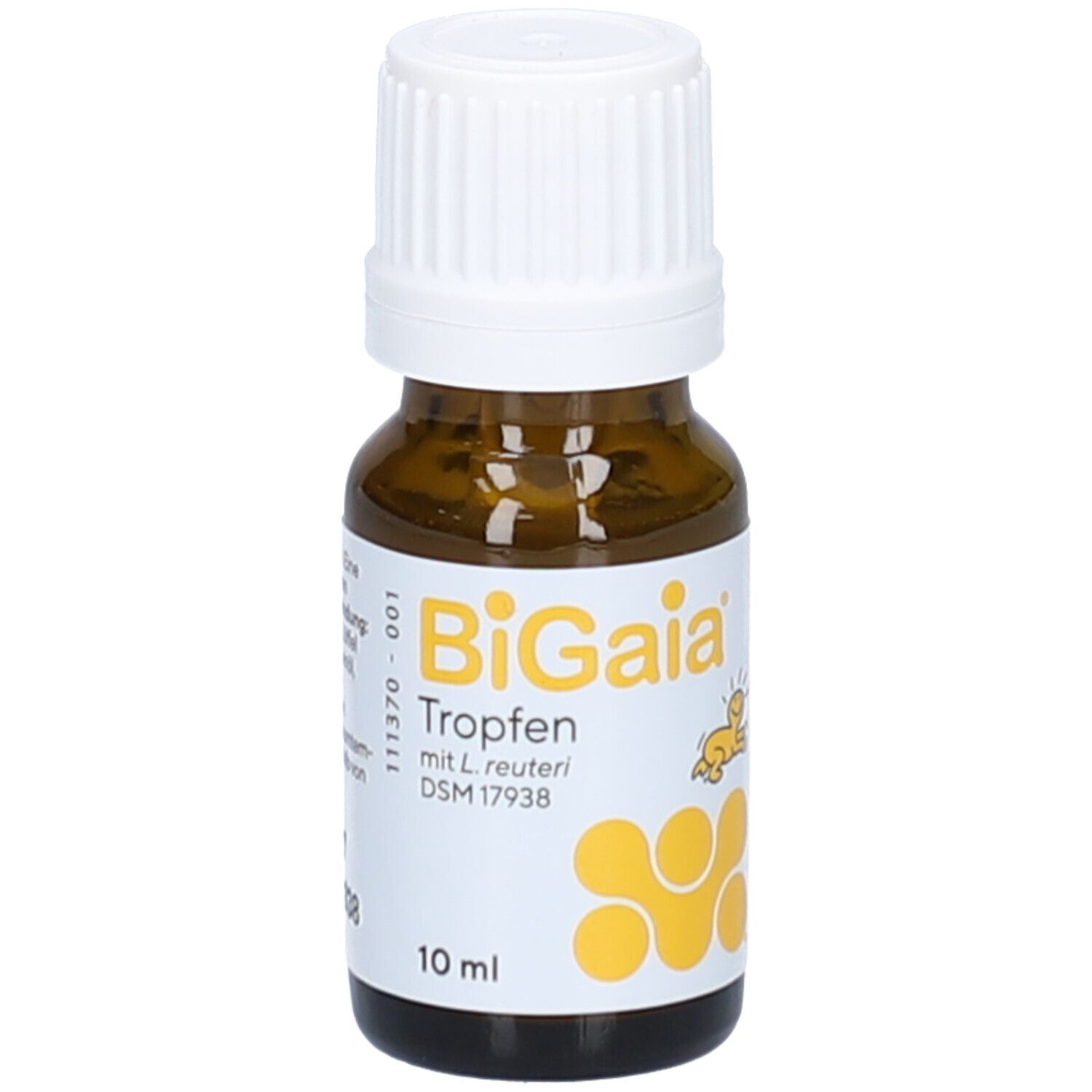 Flacon en verre brun avec bouchon blanc. Inscription : BiGaia Tropfen mit L. reuteri. 10 ml.