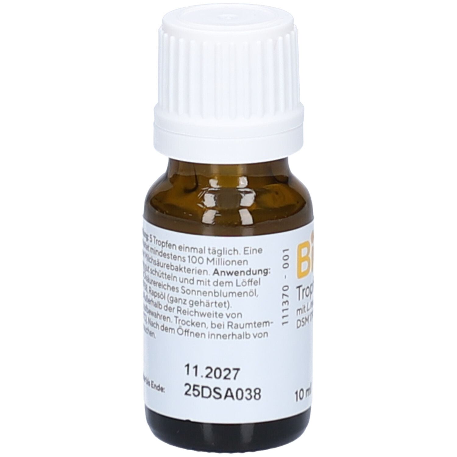 Flacon en verre brun avec bouchon blanc. Inscription : BiGaia Tropfen mit L. reuteri. 10 ml.