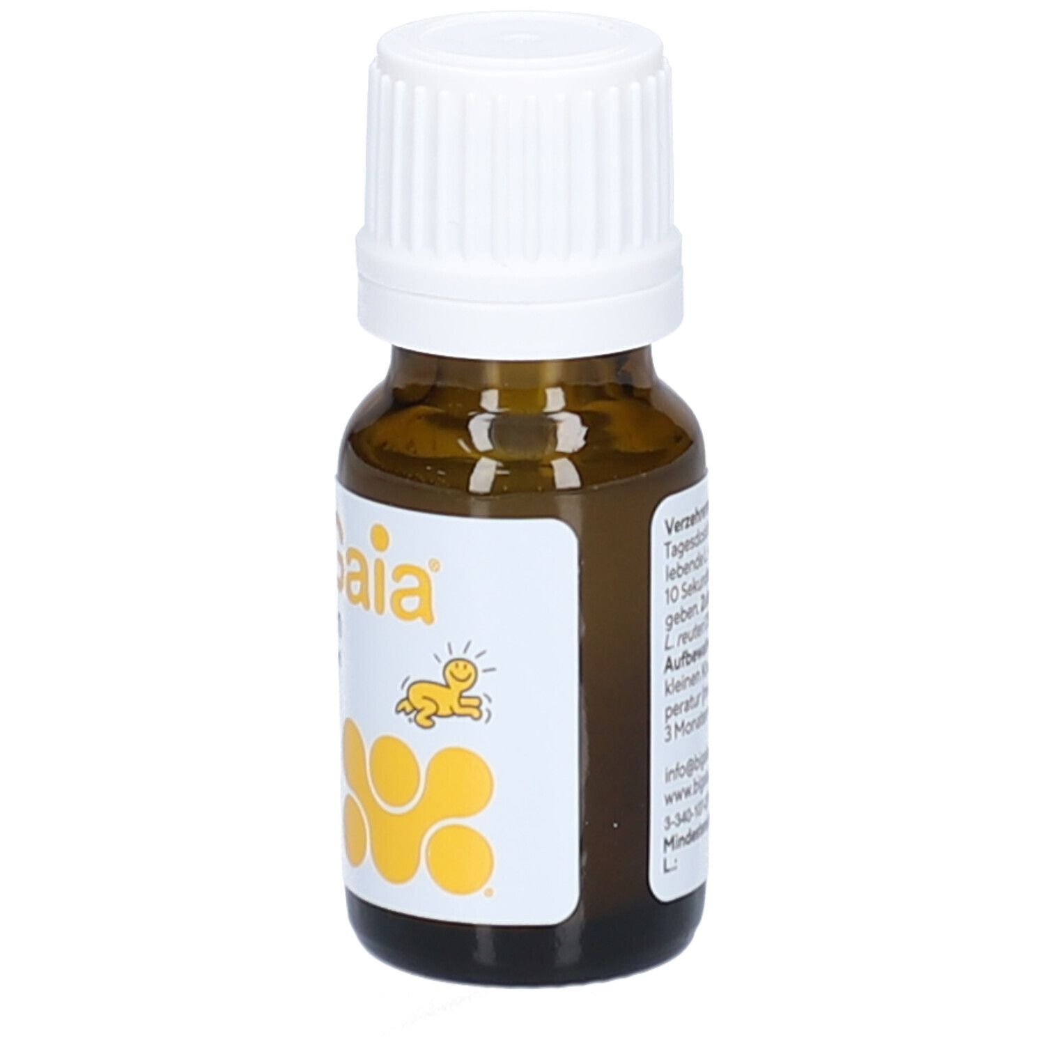 Flacon en verre brun avec bouchon blanc. Inscription : BiGaia Tropfen mit L. reuteri. 10 ml.