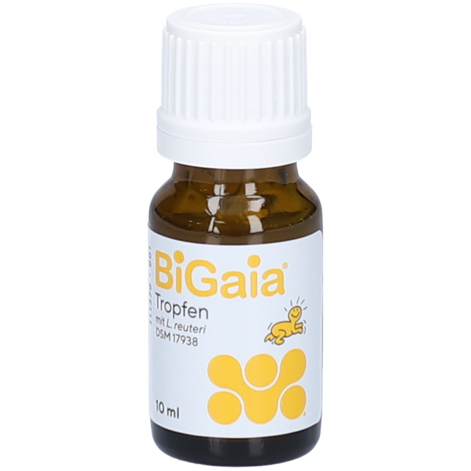 Flacon en verre brun avec bouchon blanc. Inscription : BiGaia Tropfen mit L. reuteri. 10 ml.