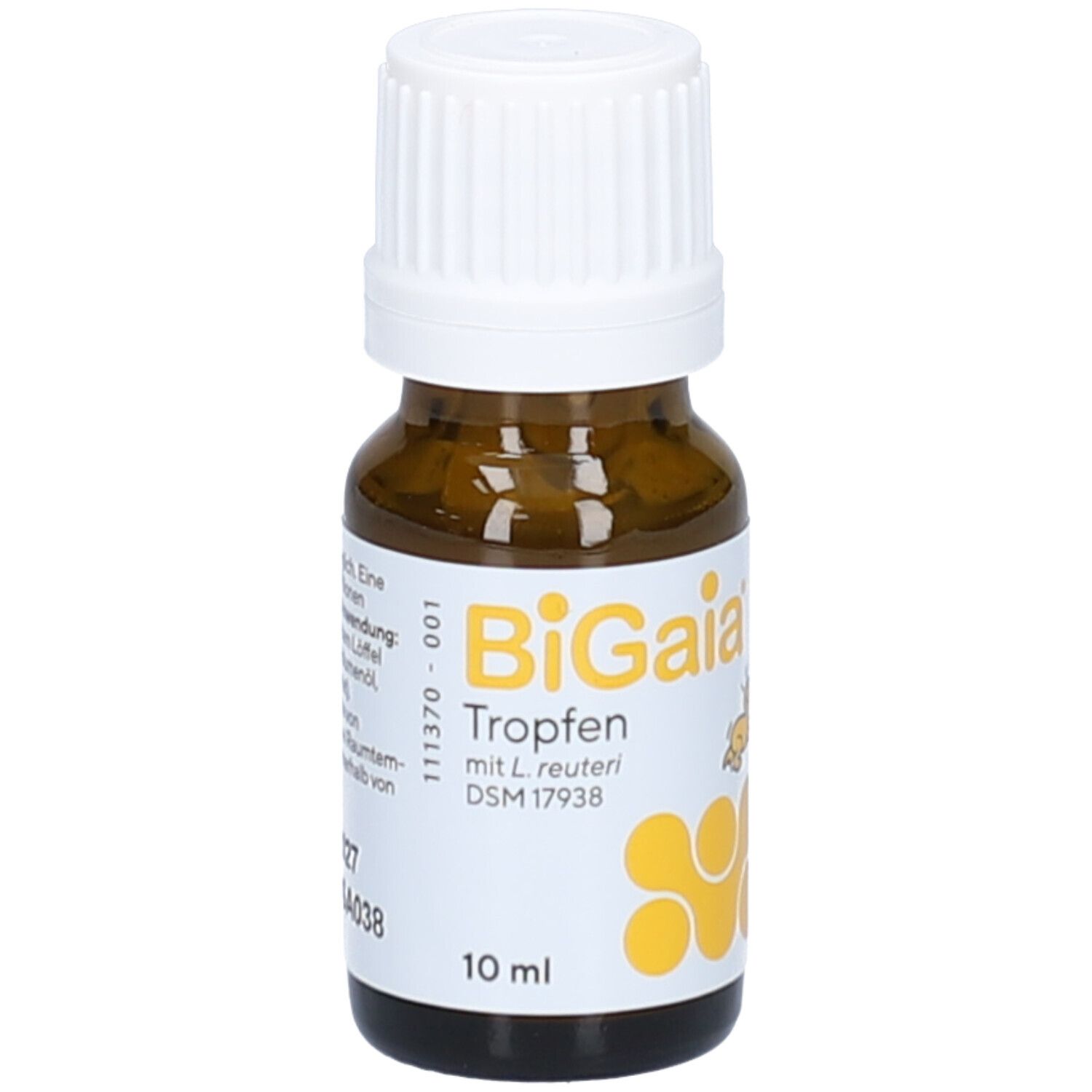 Flacon en verre brun avec bouchon blanc. Inscription : BiGaia Tropfen mit L. reuteri. 10 ml.