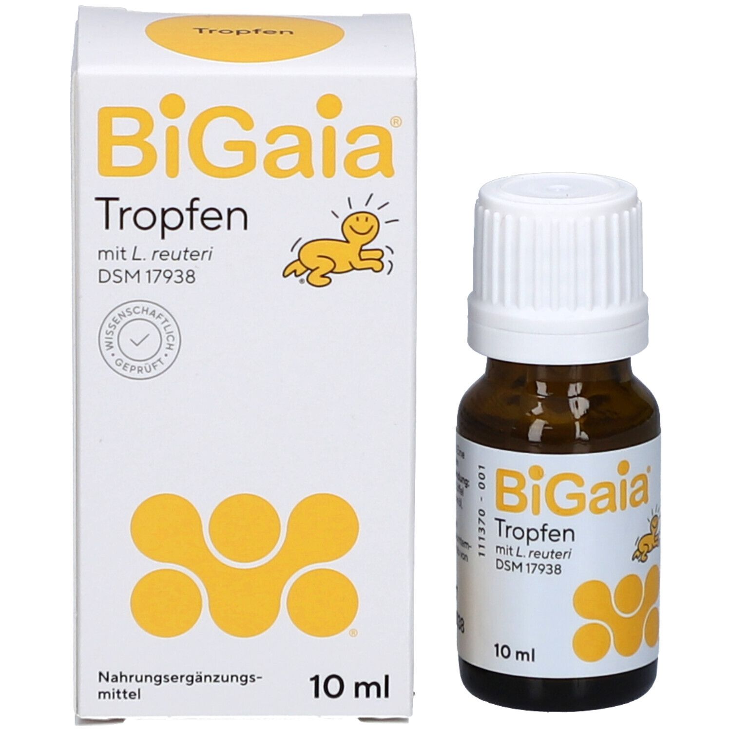 Flacon en verre brun et boîte. Inscription : BiGaia Tropfen mit L. reuteri. 10 ml.
