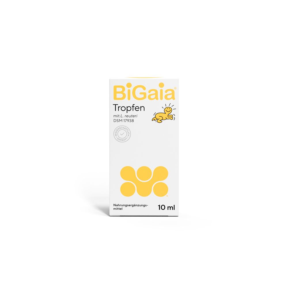 Boîte blanche avec logo jaune et inscription : BiGaia Tropfen mit L. reuteri. 10 ml.