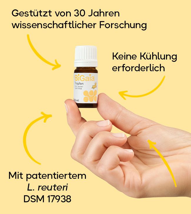 Eine Hand hält ein kleines Fläschchen mit Tropfen. Text: "Gestützt von 30 Jahren wissenschaftlicher Forschung", "Keine Kühlung erforderlich", "Mit patentiertem L. reuteri DSM 17938".