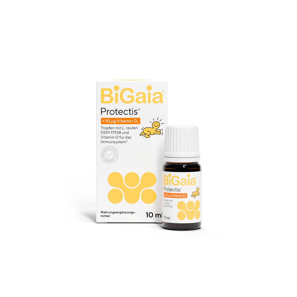 Tropfenflasche und Schachtel. Aufschrift: BiGaia Protectis + Vitamin D3. Gelbe Logos und Schrift.