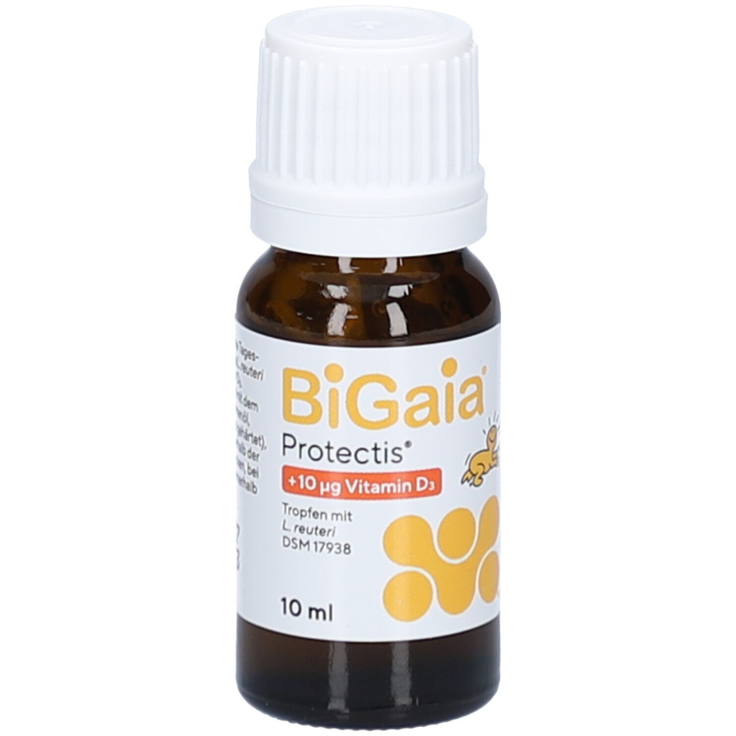 Braune Tropfenflasche mit weißem Deckel. Aufschrift: BiGaia Protectis + Vitamin D3. 10 ml.
