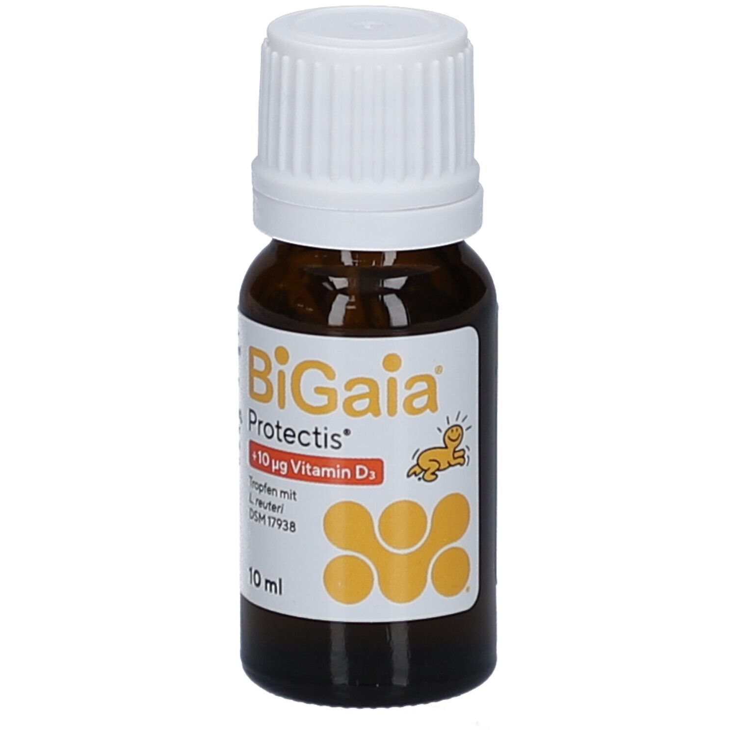Braune Tropfenflasche mit weißem Deckel. Aufschrift: BiGaia Protectis + Vitamin D3. 10 ml.