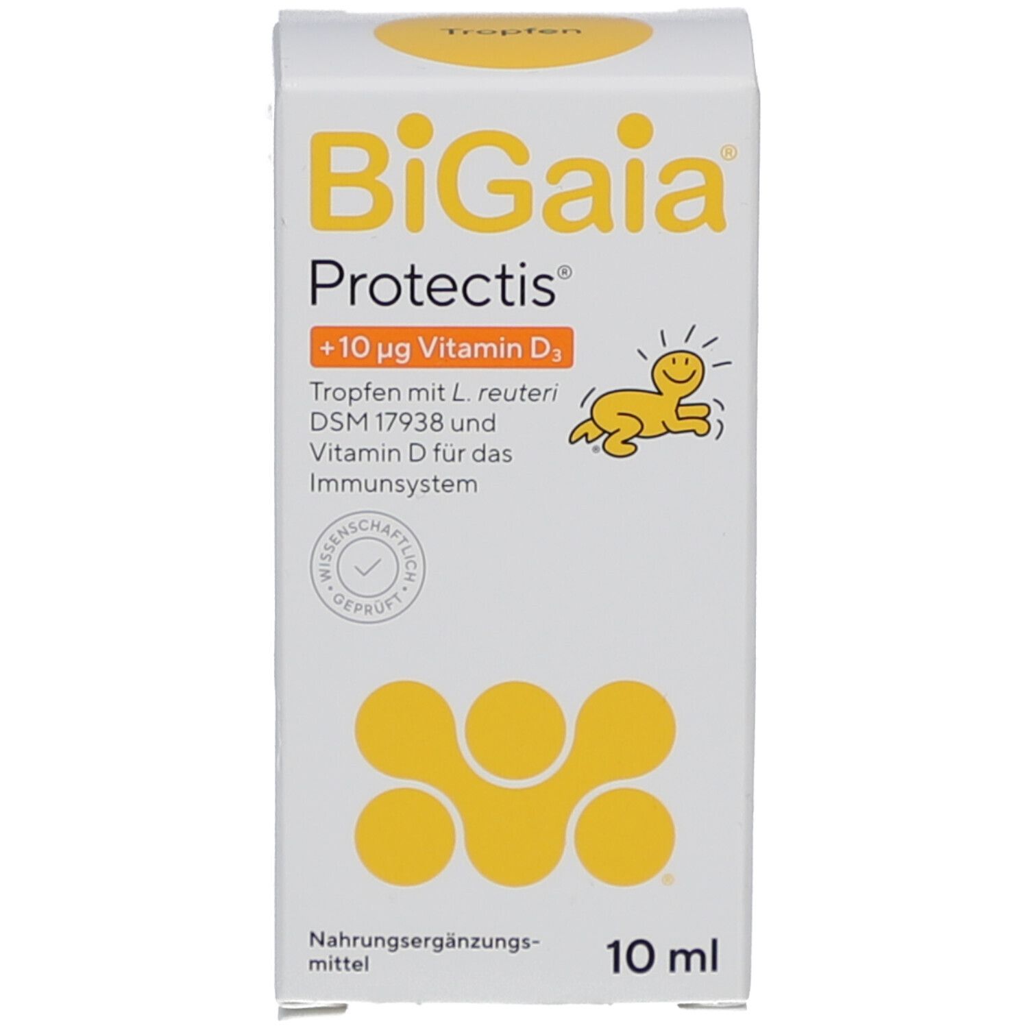 Weiße Schachtel mit gelben Logos. Aufschrift: BiGaia Protectis + Vitamin D3. 10 ml.