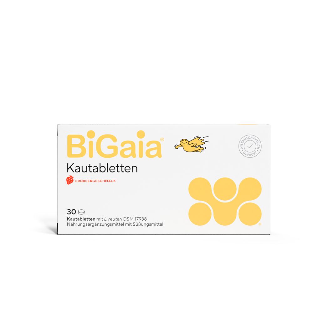 Weiße Schachtel mit BiGaia Kautabletten Erdbeergeschmack. Enthält 30 Tabletten. Gelbes Logo und Illustration.