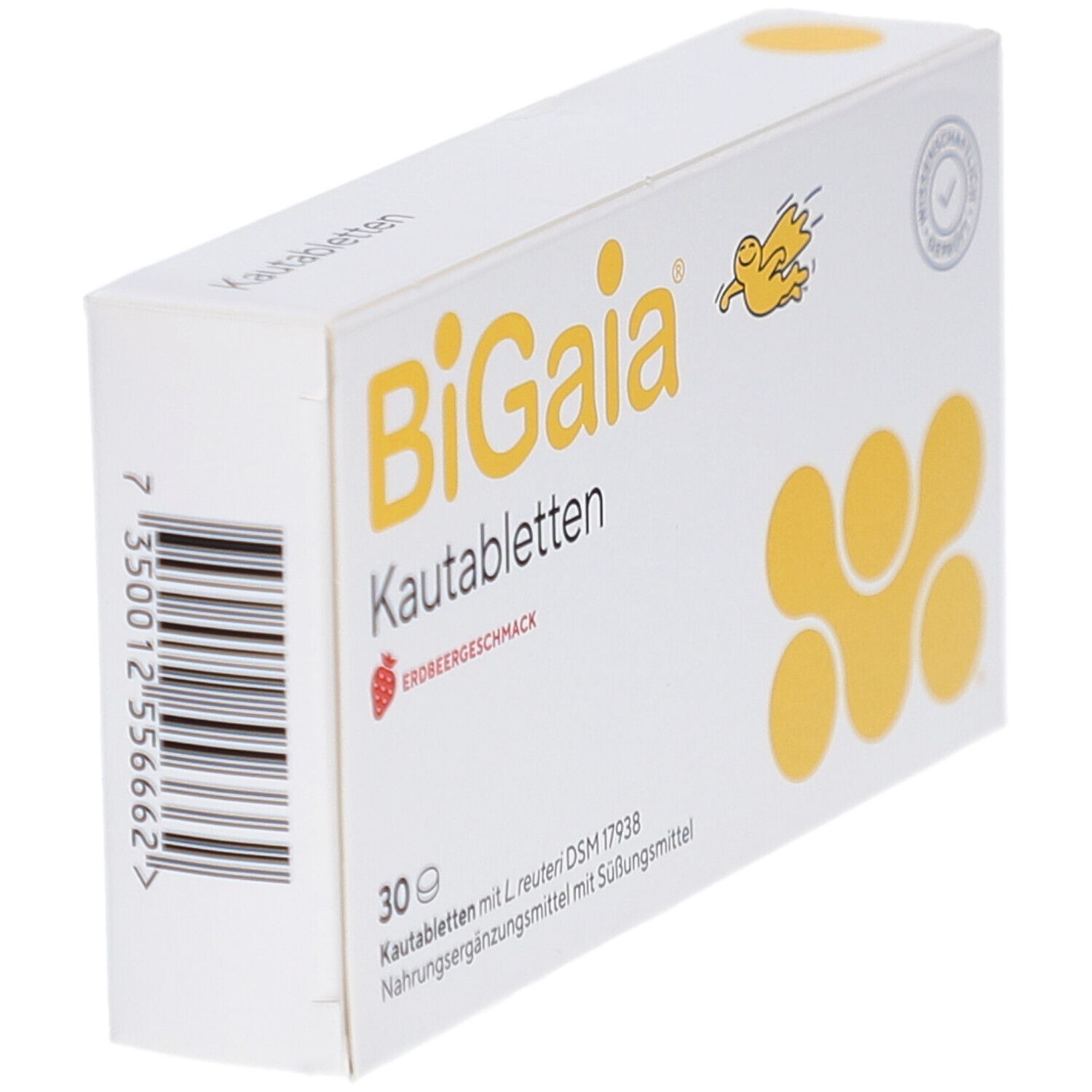 Schachtel BiGaia Kautabletten Erdbeergeschmack. 30 Tabletten. Gelbes Logo und Illustration. Schachtel schräg.