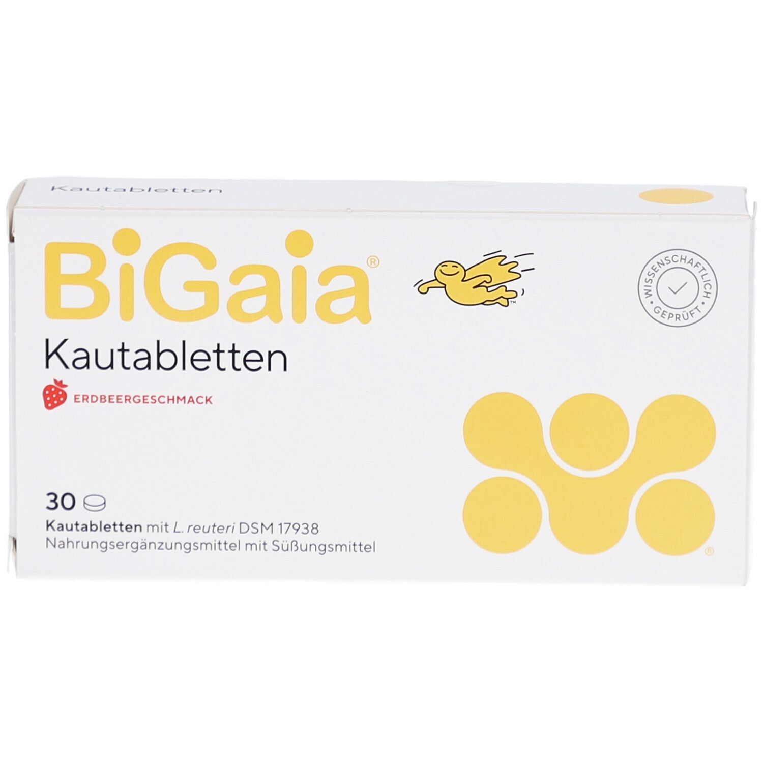 Weiße Schachtel mit BiGaia Kautabletten Erdbeergeschmack. 30 Tabletten. Gelbes Logo und Illustration.