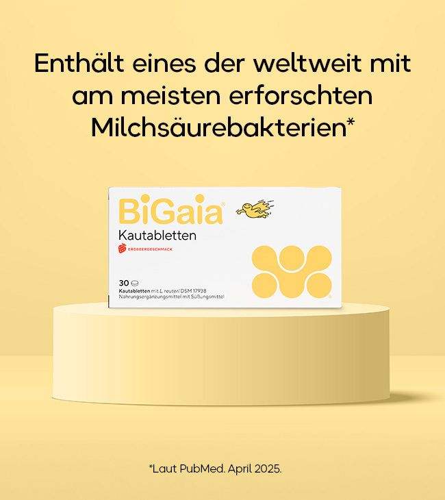 BiGaia Kautabletten Packung mit 30 Stück, enthält Milchsäurebakterien.