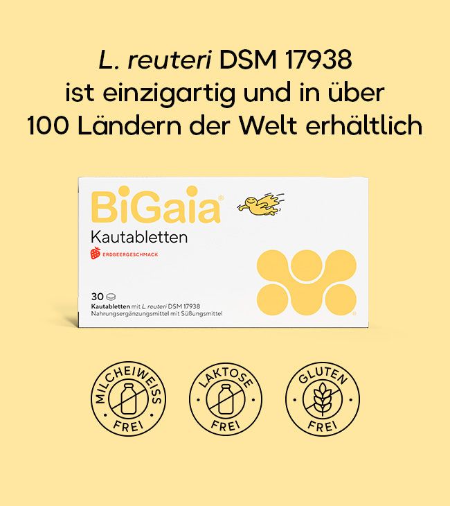 Packung BiGaia Kautabletten mit Erdbeergeschmack. Frei von Milch, Laktose und Gluten.