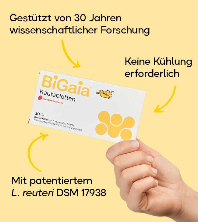 Packung BiGaia Kautabletten mit 30 Stück, Erdbeergeschmack. Enthält L. reuteri DSM 17938.