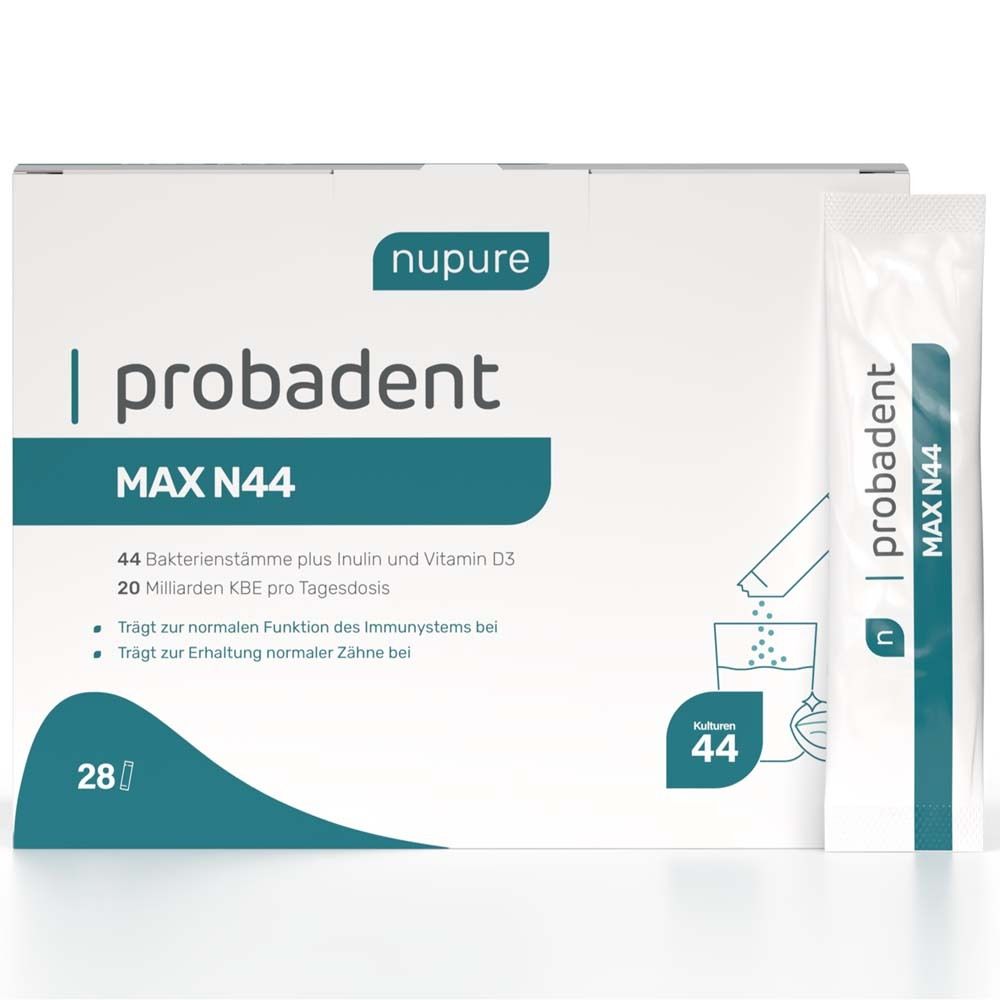 Nupure Probadent MAX N44 Pulver-Verpackung mit Einzelportionen.