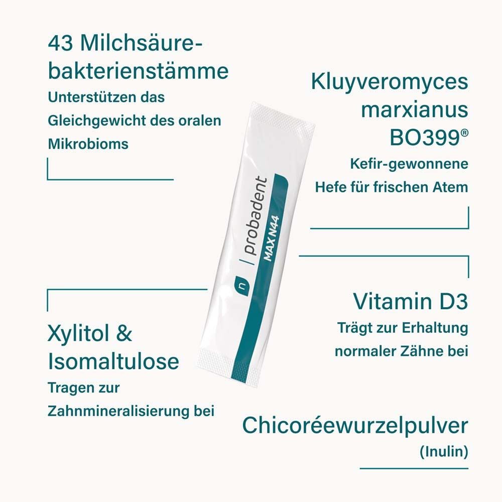 Inhaltsstoffe: 43 Milchsäurebakterien, Kefirhefe, Vitamin D3, Xylit, Inulin.