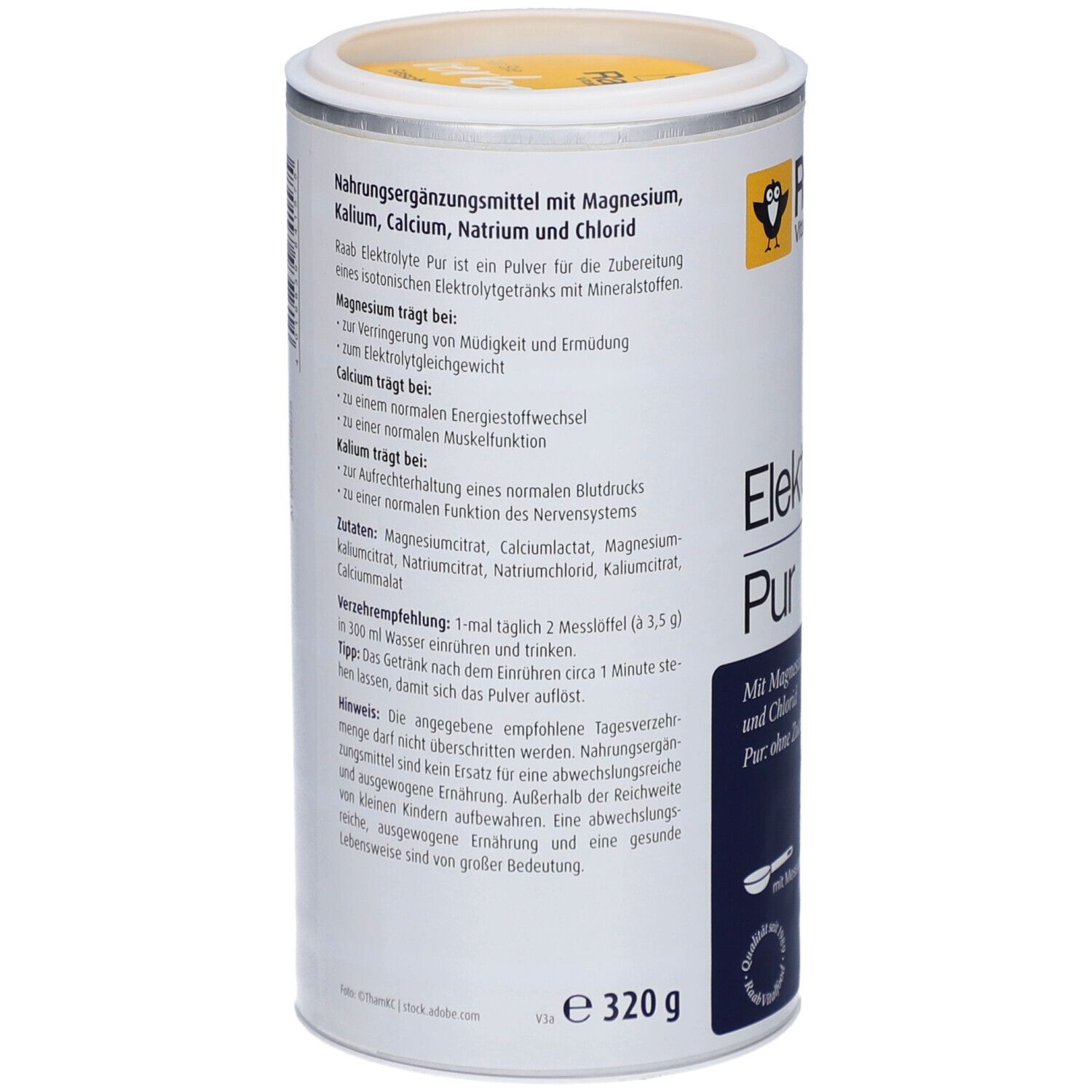 Dos de la boîte Raab Vitalfood Elektrolyte Pur. Texte sur les ingrédients et l'utilisation. Vegan, 320g. Avec cuillère doseuse.