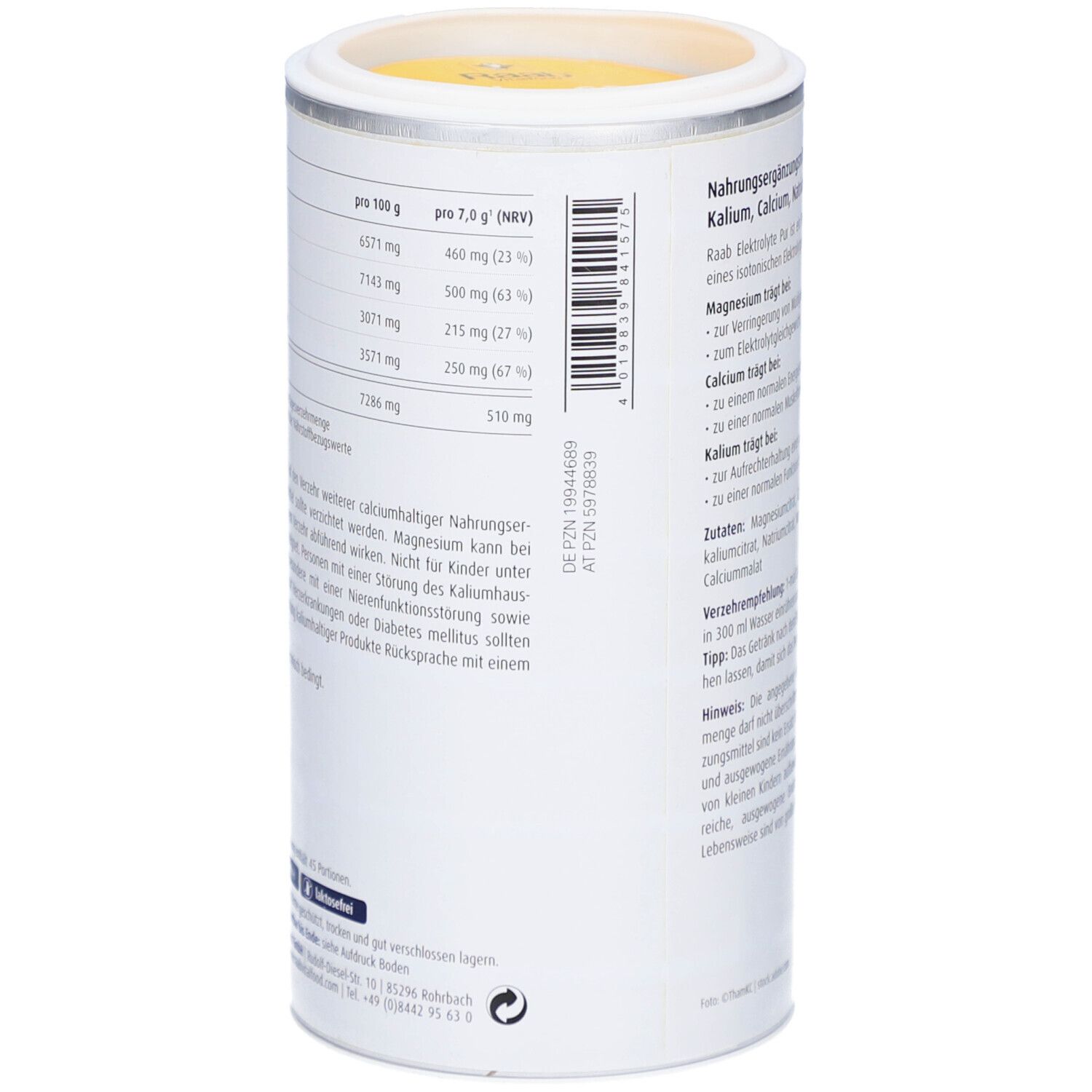 Dos de la boîte Raab Vitalfood Elektrolyte Pur. Tableau nutritionnel avec informations pour 100g et par portion. Vegan, 320g.