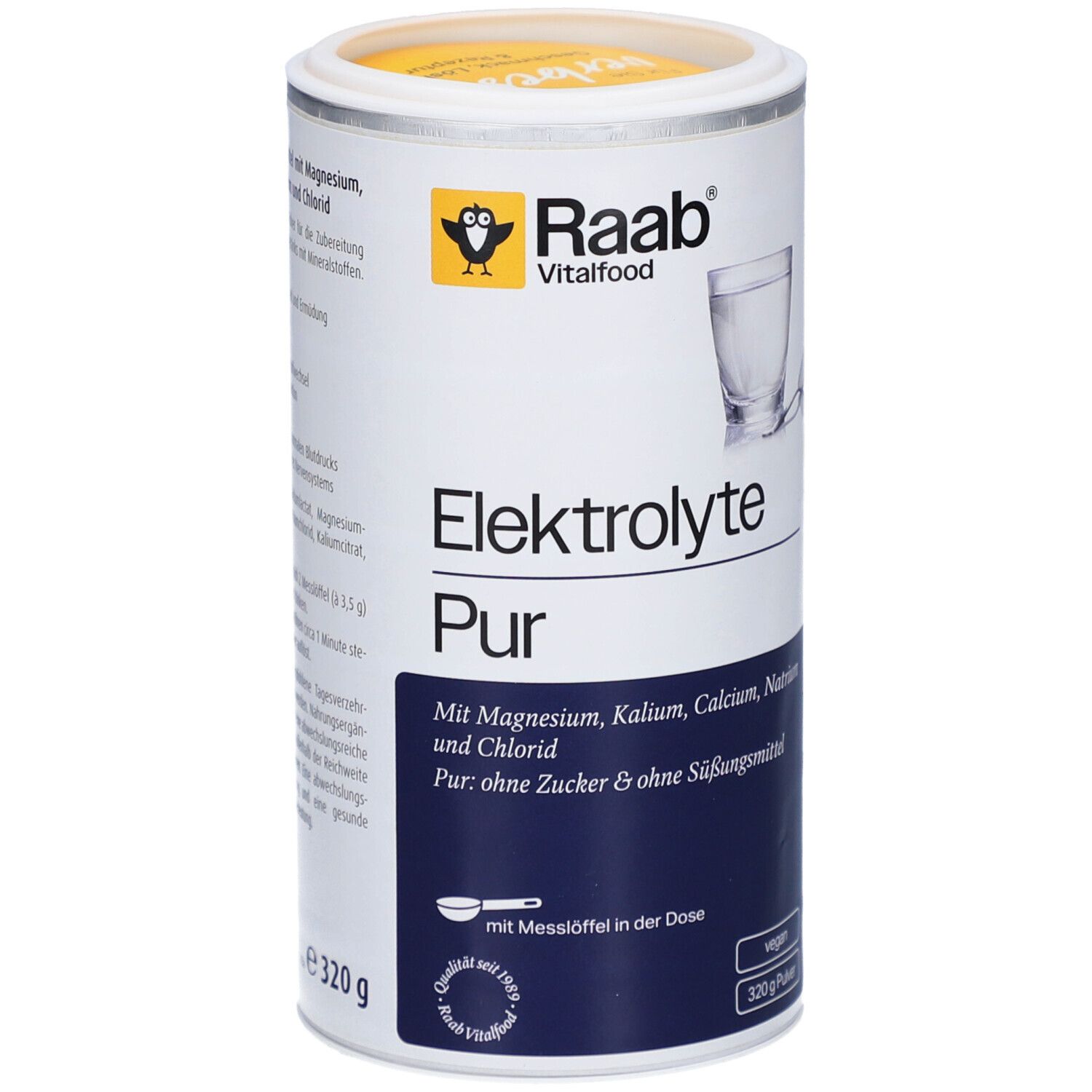 Boîte cylindrique Raab Vitalfood Elektrolyte Pur. Blanc avec couvercle jaune. Inscription : Elektrolyte Pur, ingrédients, vegan, 320g.