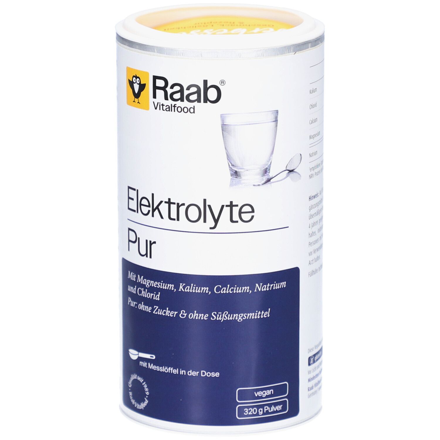 Boîte cylindrique Raab Vitalfood Elektrolyte Pur. Blanc avec couvercle jaune. Inscription : Elektrolyte Pur, ingrédients, vegan, 320g.