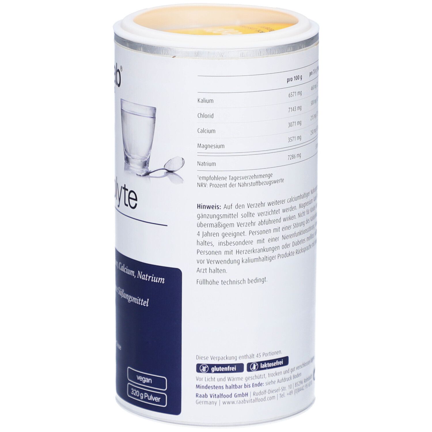 Dos de la boîte Raab Vitalfood Elektrolyte Pur. Tableau nutritionnel, ingrédients, conseils. Vegan, sans gluten, sans lactose, 320g.