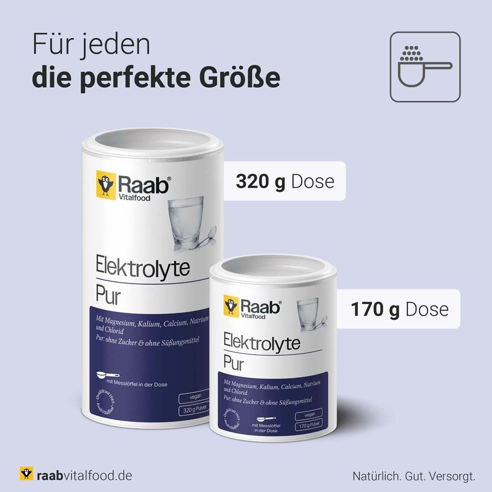 Zwei Dosen Raab Vitalfood Elektrolyte Pur. Eine 320g, eine 170g Dose. Beide weiß mit Logo und Text.