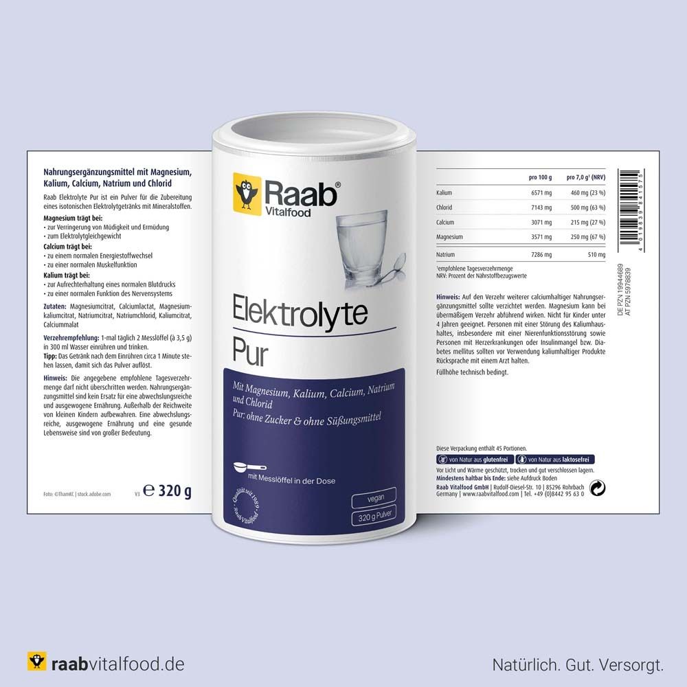 Zylindrische Dose Raab Vitalfood Elektrolyte Pur mit Etikett. Enthält Inhaltsstoffe und Nährwertangaben. 320g.