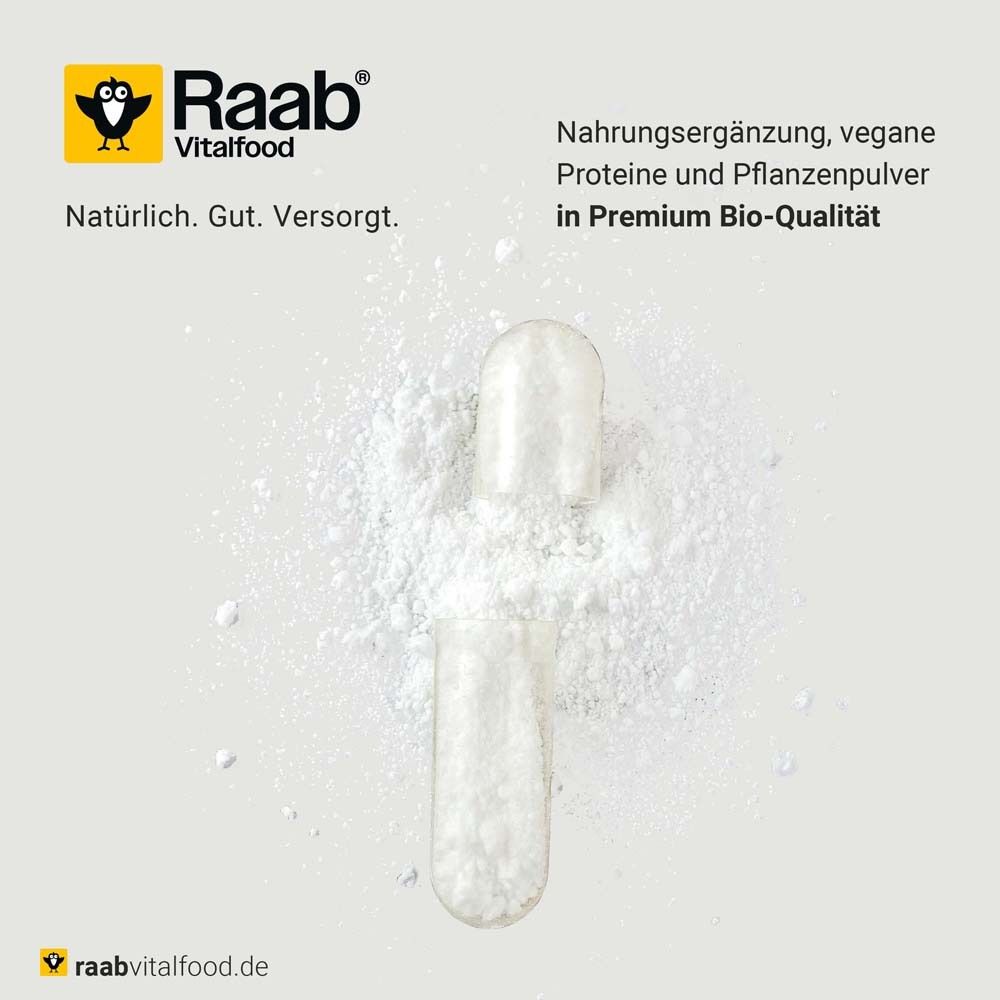 Kapsel auf Pulver. Raab Vitalfood Logo. Text: Nahrungsergänzung, vegane Proteine und Pflanzenpulver in Premium Bio-Qualität.