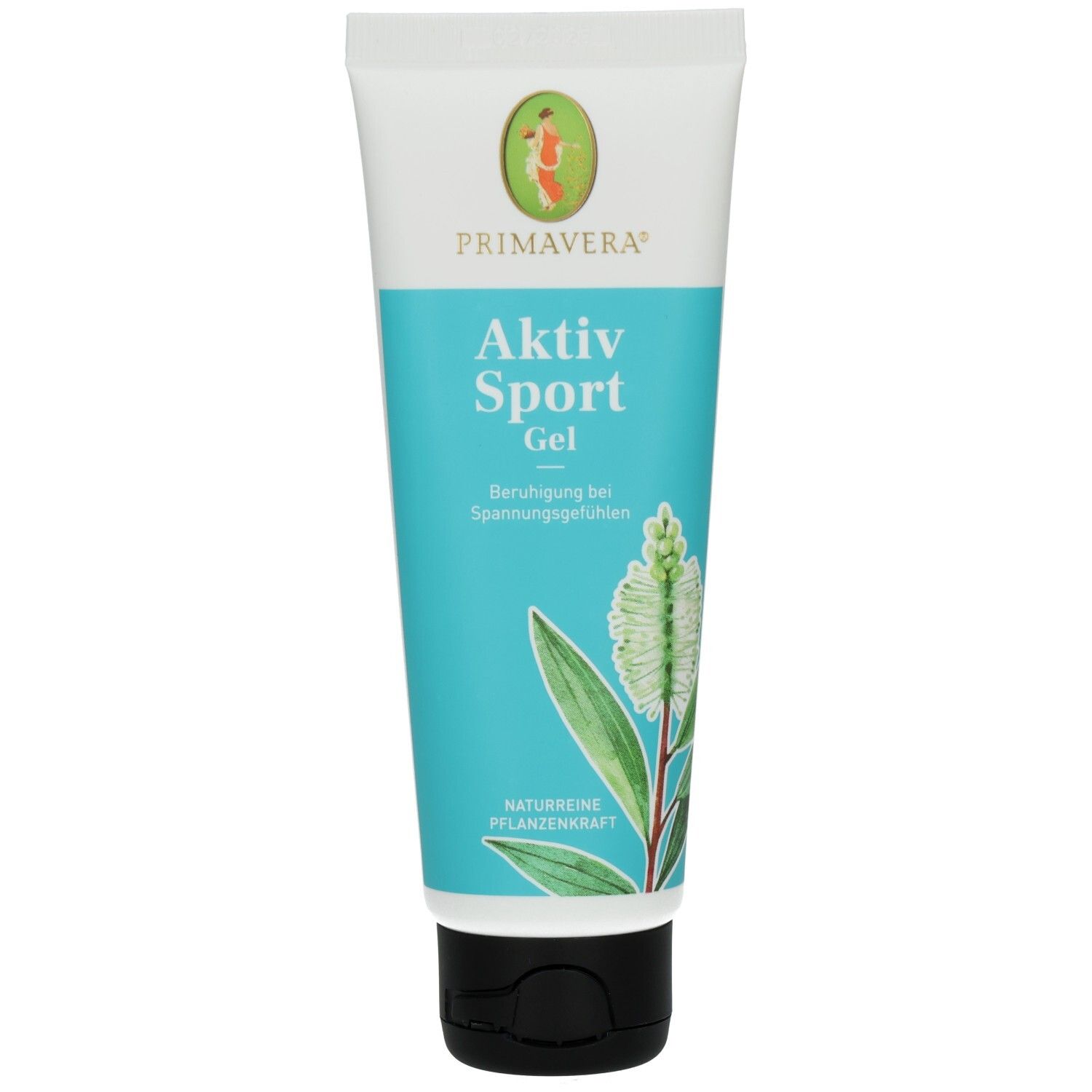 Tube avec bouchon blanc. Inscription: PRIMAVERA, Aktiv Sport Gel. Fond turquoise avec illustration de plante.