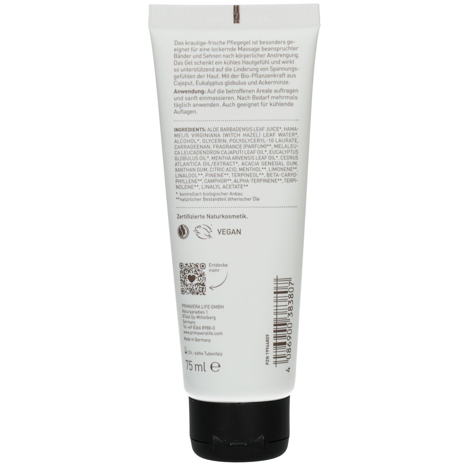 Dos du tube. Texte avec ingrédients et certifications. Bouchon noir. 75 ml.