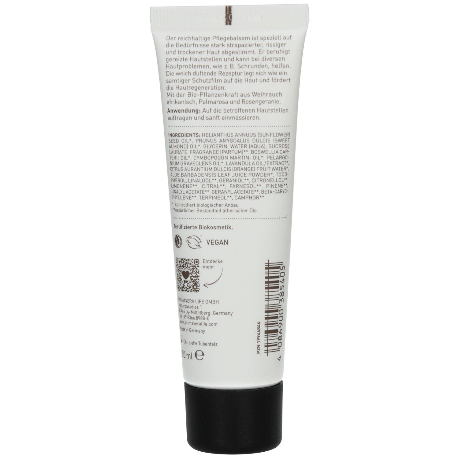 Rückseite der Tube. Text mit Inhaltsstoffen und Anwendung. Vegan-Siegel und QR-Code. Volumen: 50 ml.