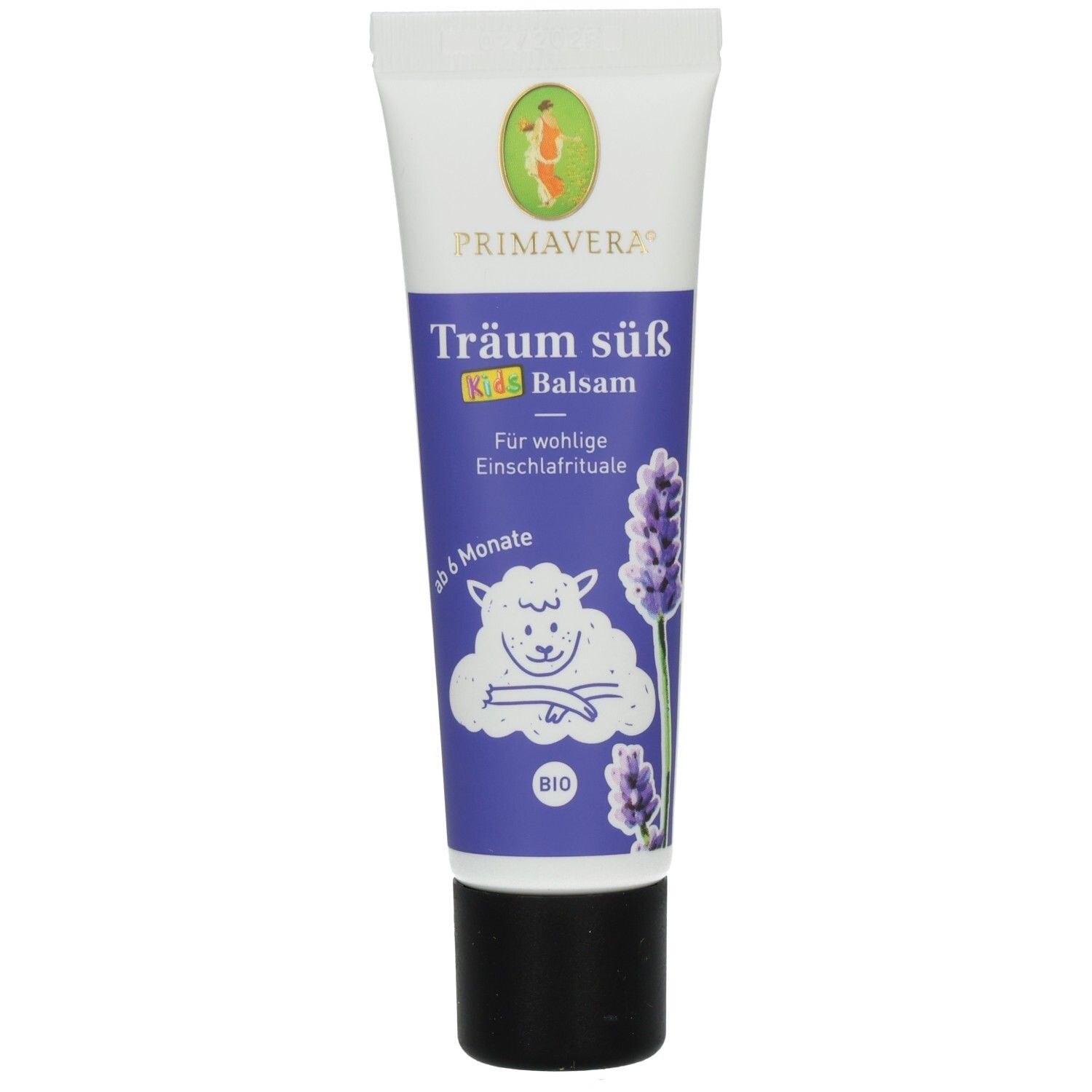 Creme-Tube mit Produktnamen PRIMAVERA Träum süß Baby & Kinder Balsam bio. Abbildung einer lila Lavendelblüte und eines Schafes.