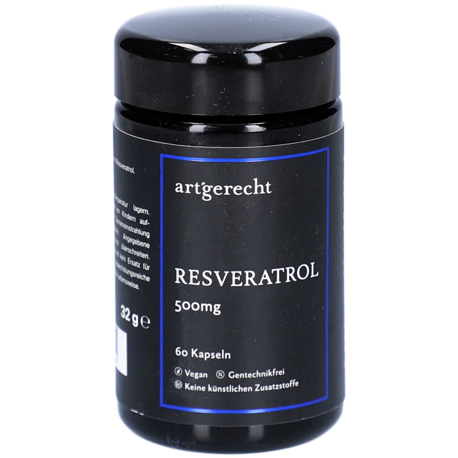 Boîte noire avec étiquette bleue. Inscription : artgerecht, RESVERATROL 500mg, 60 gélules. Végétalien, sans génie génétique, sans additifs artificiels.