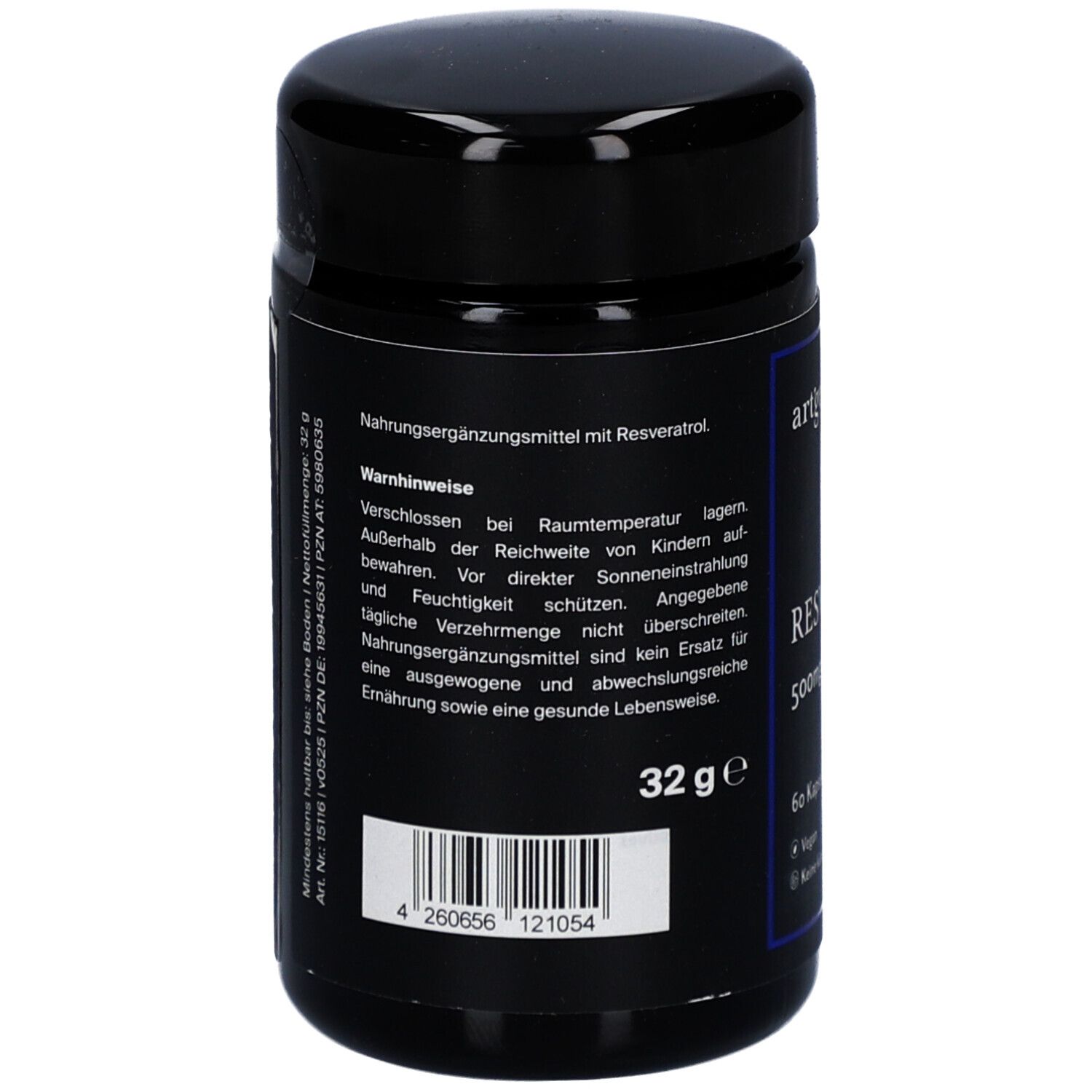 Boîte noire avec étiquette bleue. Inscription : Complément alimentaire au resvératrol. Avertissements, code-barres, 32 g.