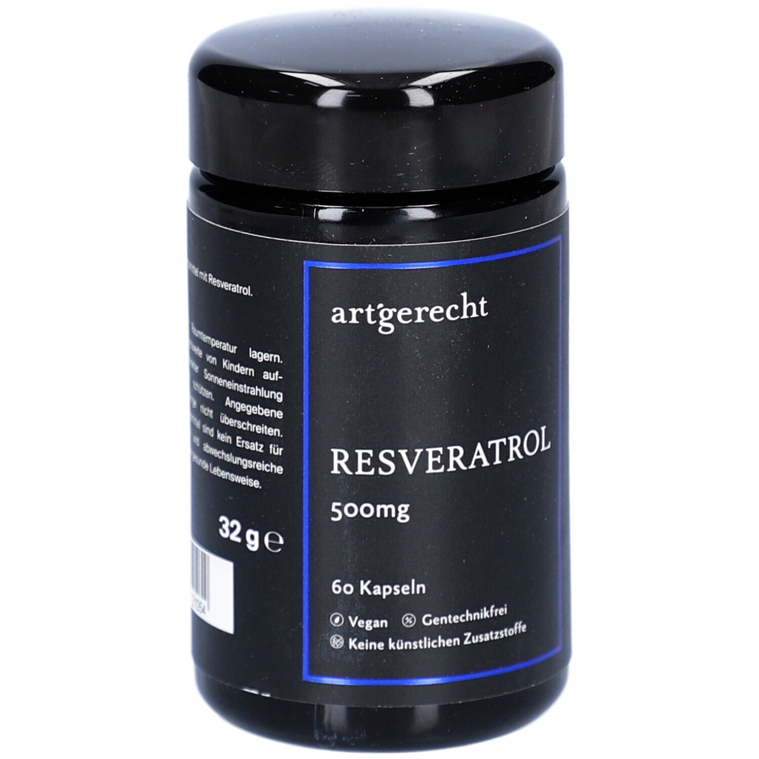 Boîte noire avec étiquette bleue. Inscription : artgerecht, RESVERATROL 500mg, 60 gélules. Végétalien, sans génie génétique, sans additifs artificiels.