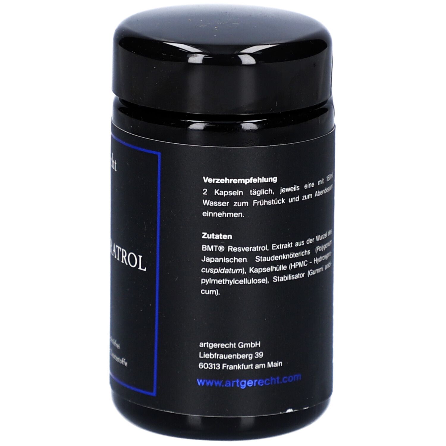 Boîte noire avec étiquette bleue. Inscription : Recommandations de consommation, ingrédients. Contient BMT® Resvératrol, HPMC, stabilisateur.