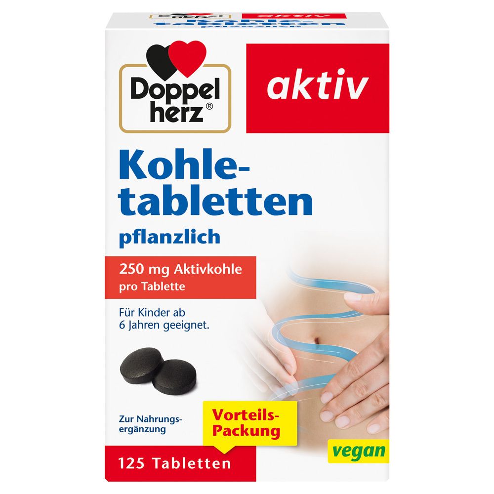 Packung mit 125 Aktivkohle-Tabletten, 250 mg pro Tablette, pflanzlich, vegan.