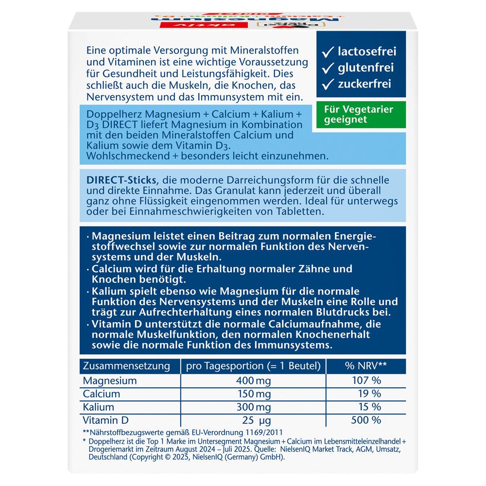 Dos de la boîte avec informations sur Doppelherz Magnesium+Calcium+Kalium+D3 DIRECT. Contient des informations nutritionnelles.